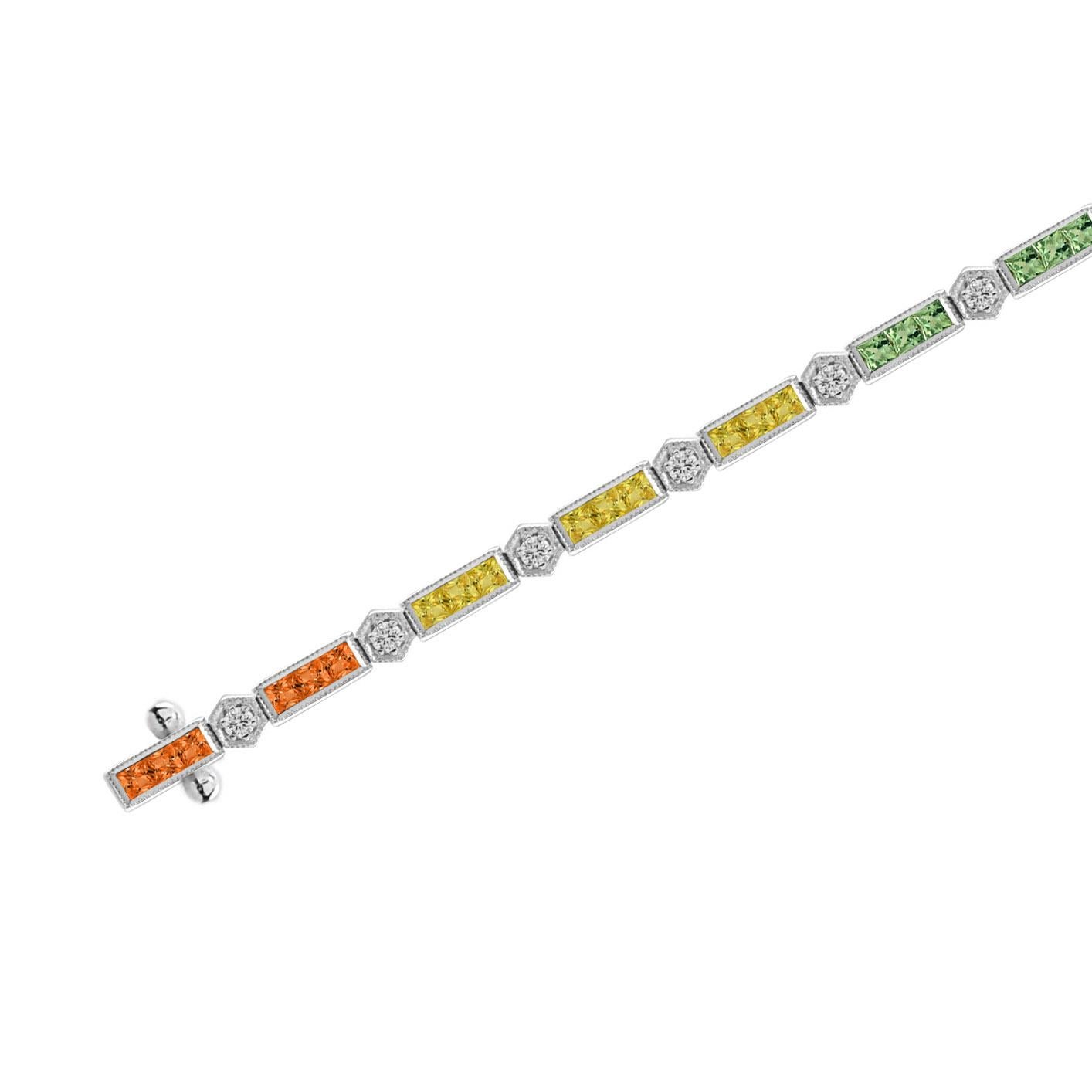 Women's Rainbow Sapphire and Diamond Link Bracelet in 18K White Gold For Sale