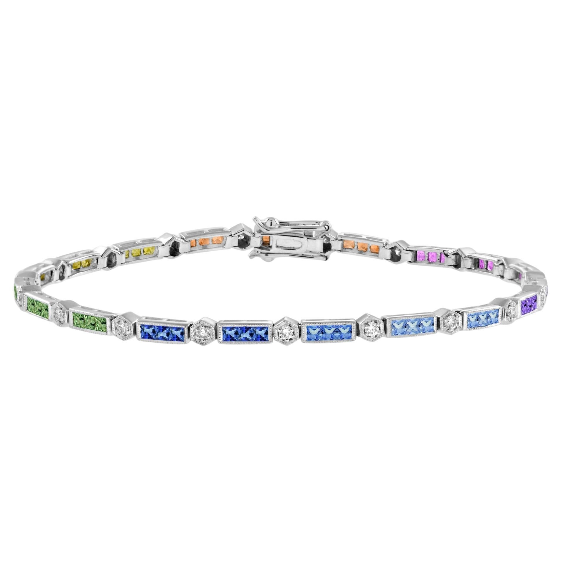 Rainbow Sapphire and Diamond Link Bracelet in 18K White Gold