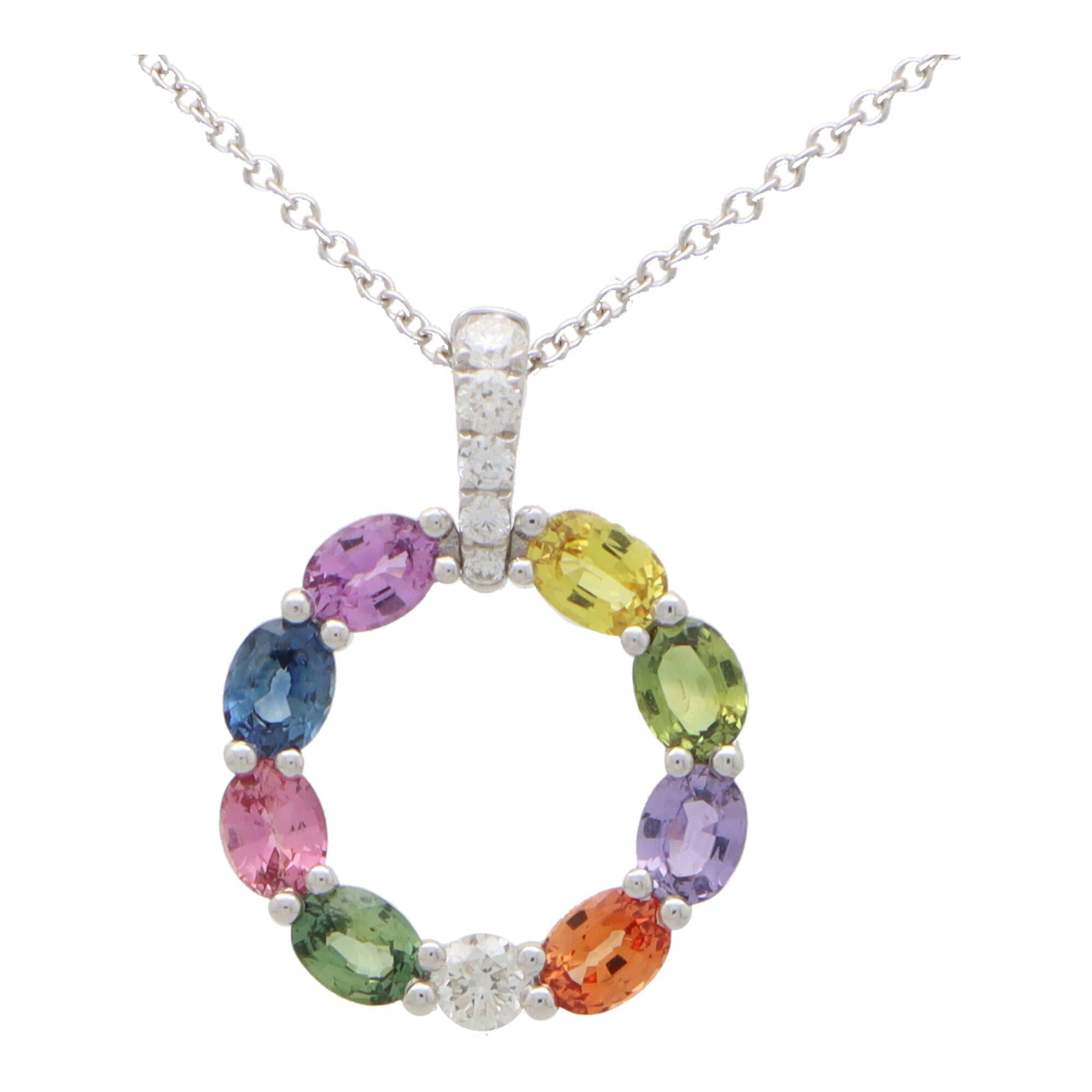 Modern Rainbow Sapphire and Diamond Pendant Necklace Set in 18k White Gold For Sale