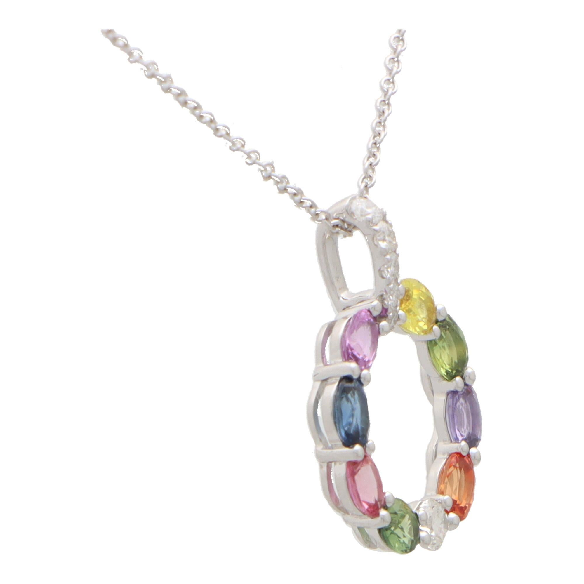 Oval Cut Rainbow Sapphire and Diamond Pendant Necklace Set in 18k White Gold For Sale