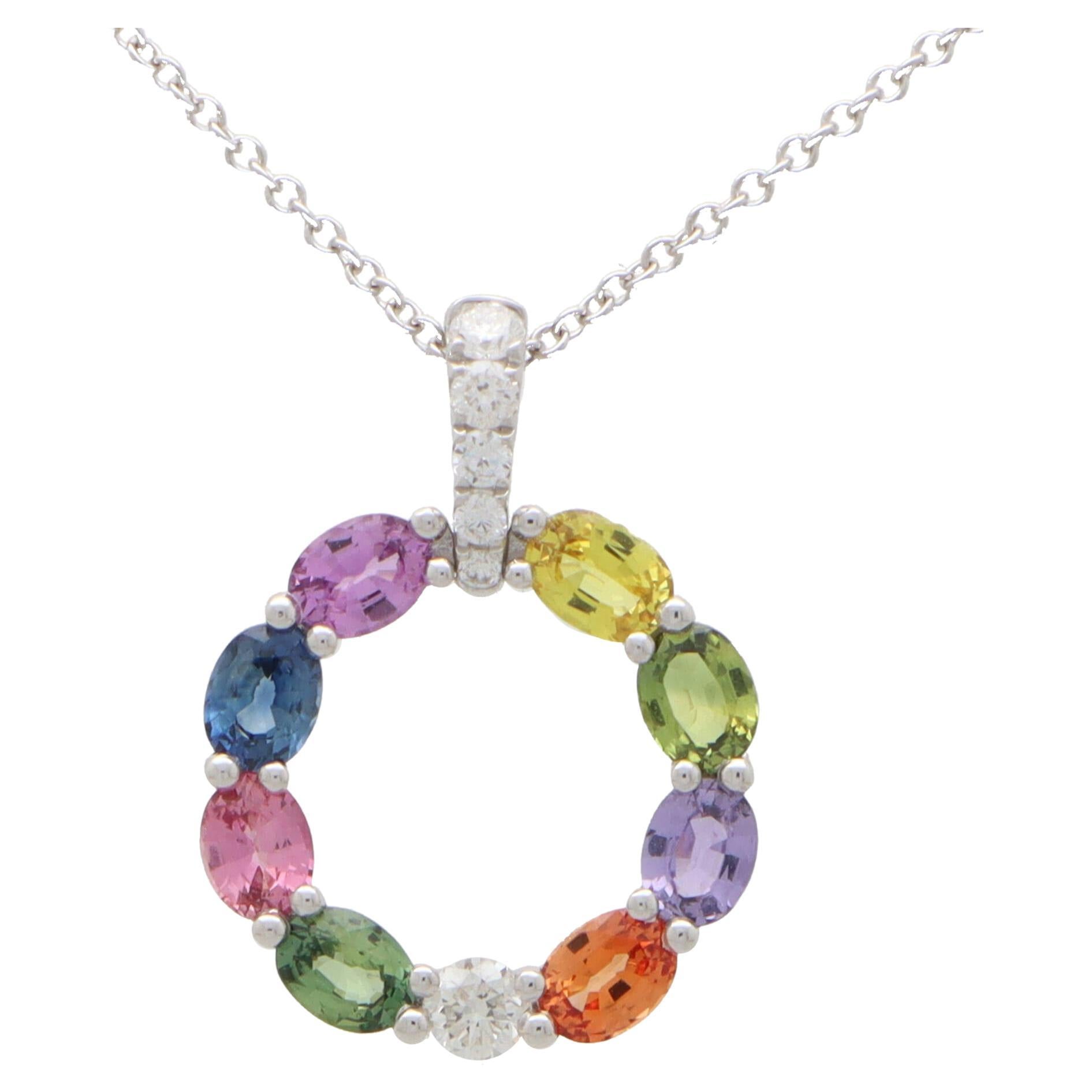 Rainbow Sapphire and Diamond Pendant Necklace Set in 18k White Gold For Sale