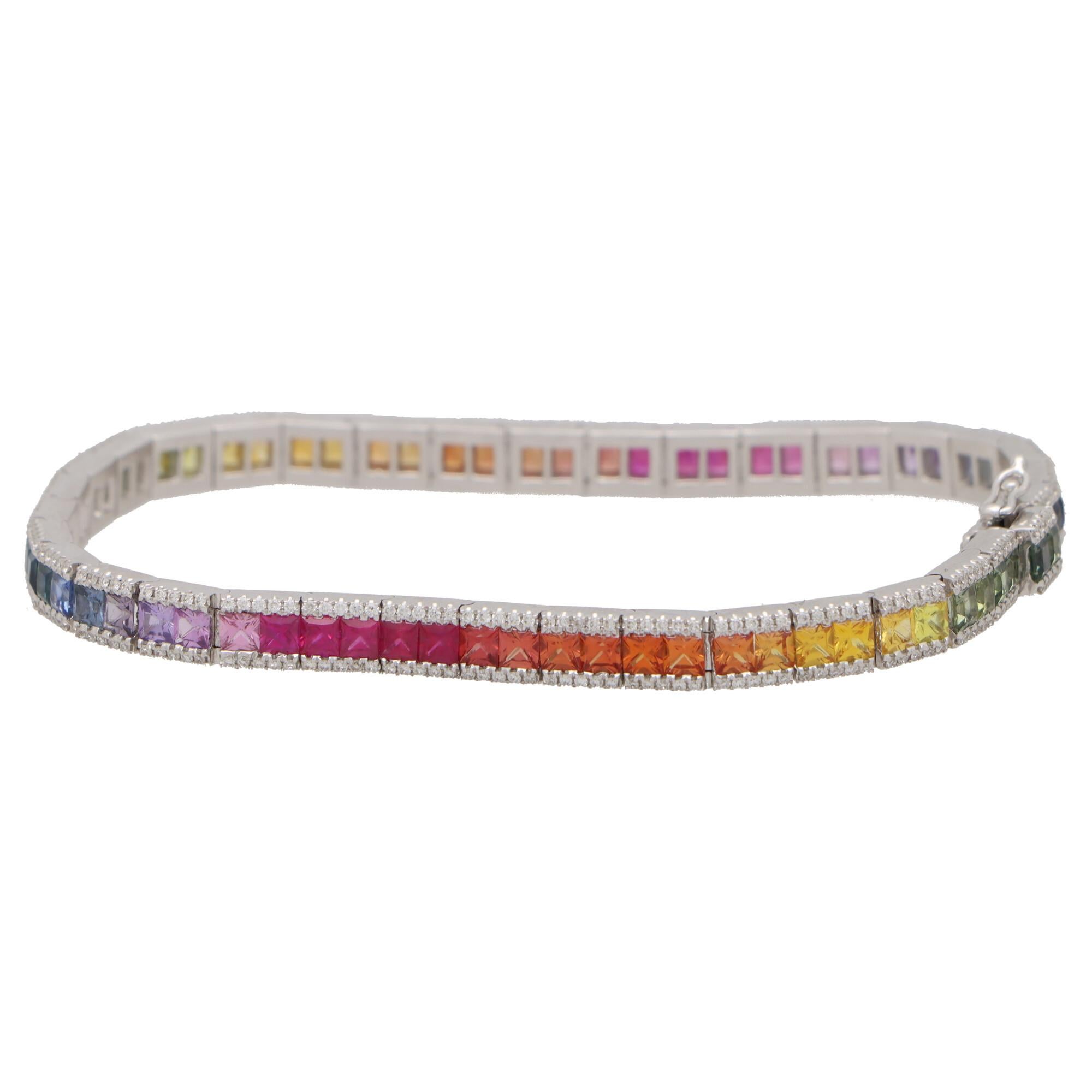 Modern Rainbow Sapphire and Diamond Tennis Line Bracelet Set in 18k White Gold