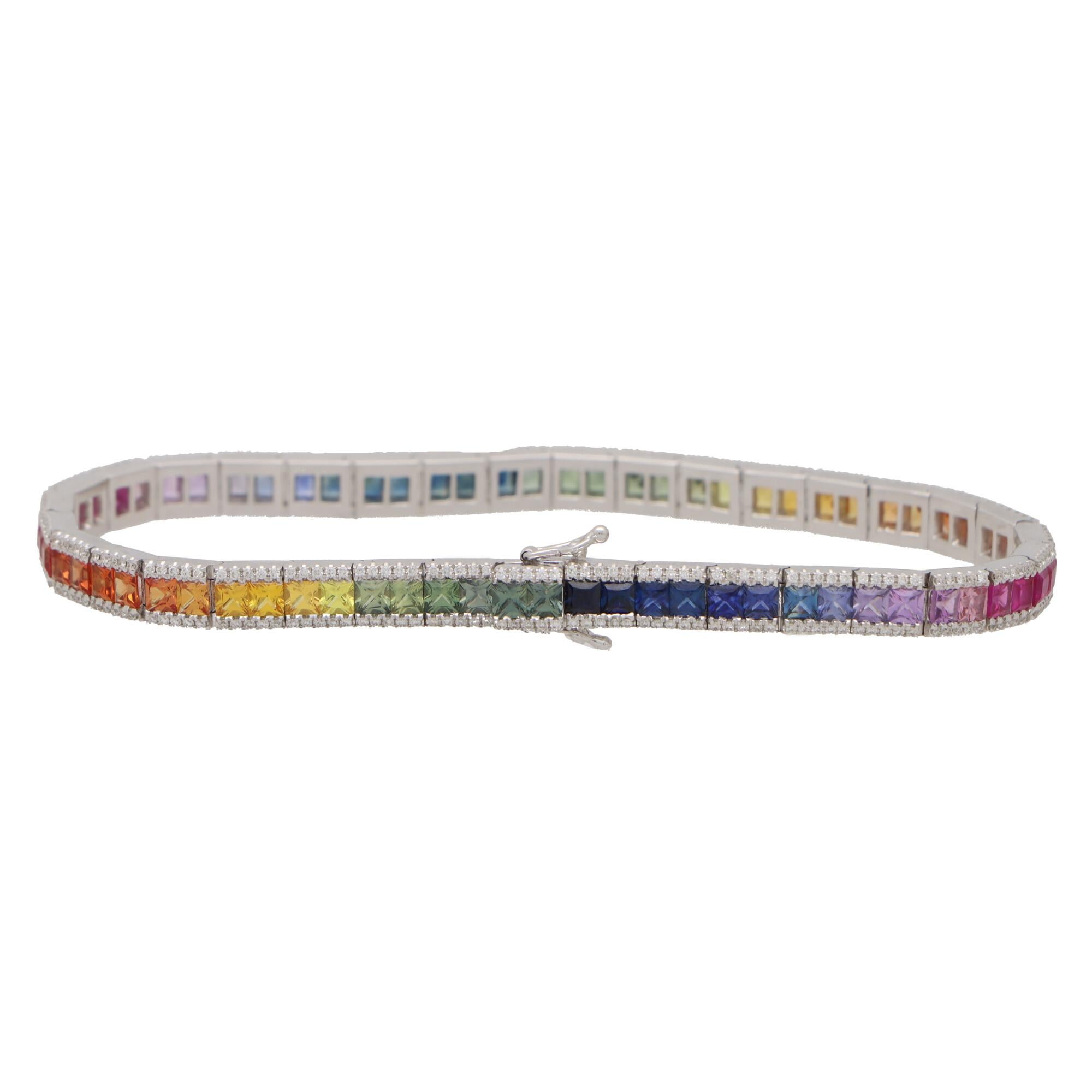 Princess Cut Rainbow Sapphire and Diamond Tennis Line Bracelet Set in 18k White Gold