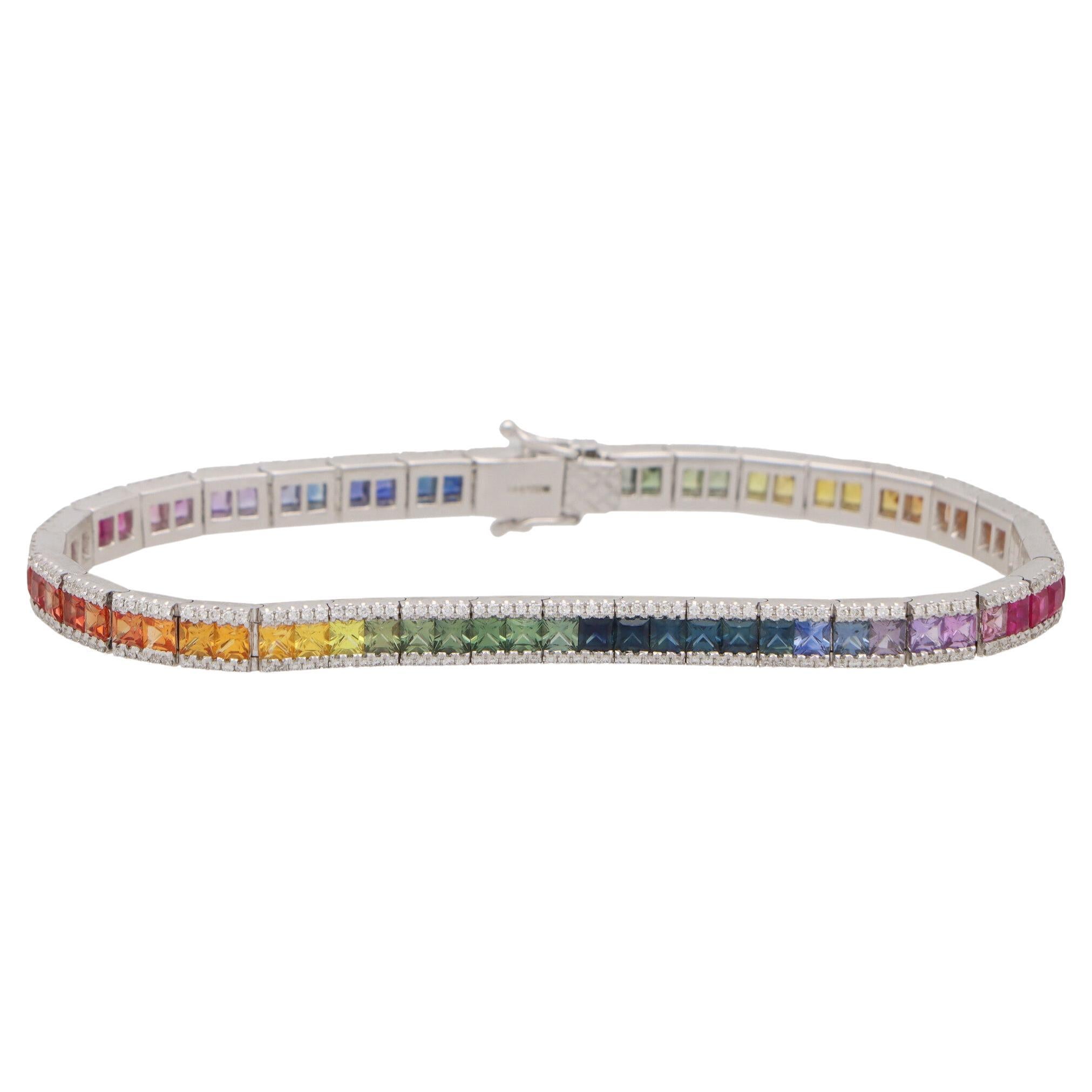 Rainbow Sapphire and Diamond Tennis Line Bracelet Set in 18k White Gold