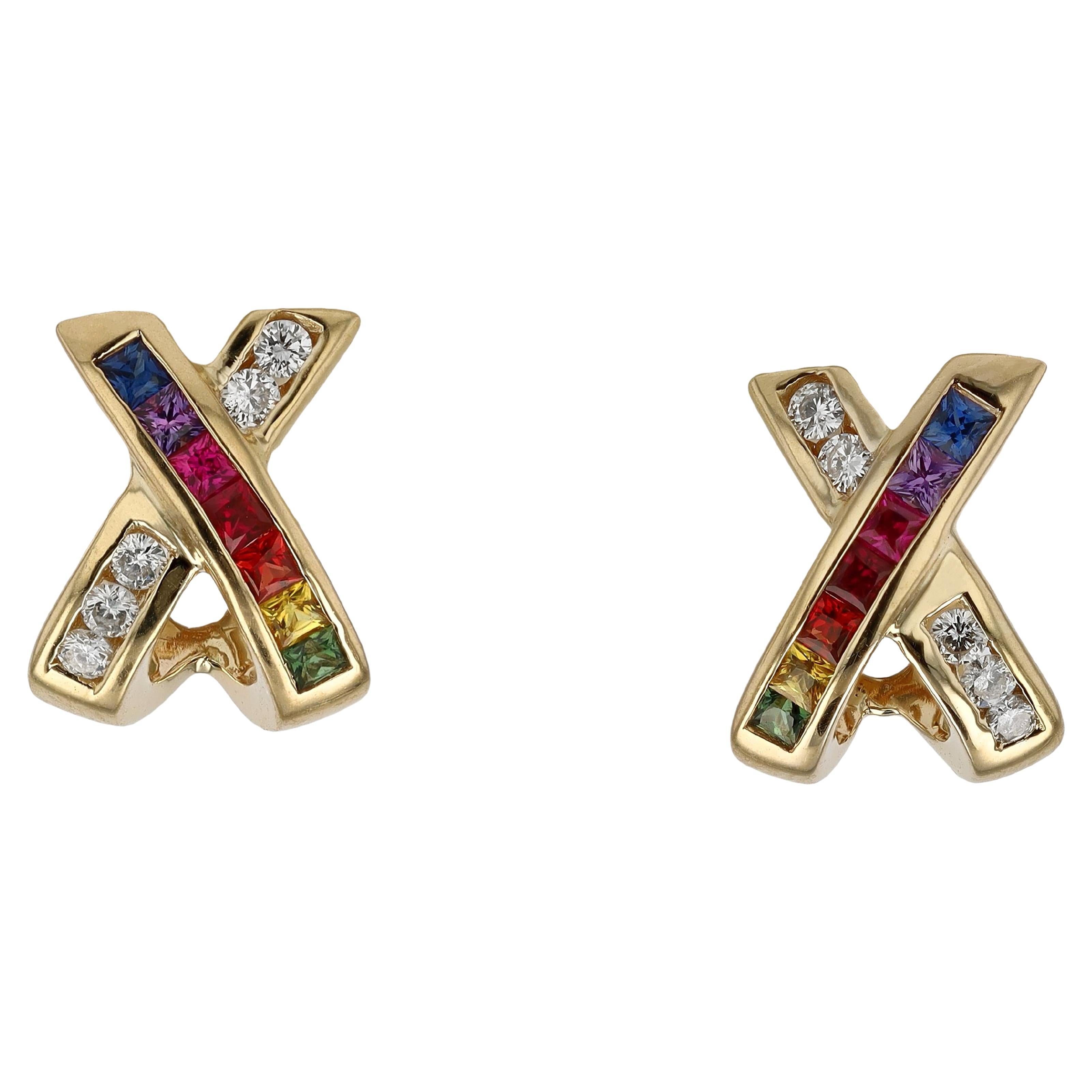 Rainbow Sapphire and Diamond X Earrings