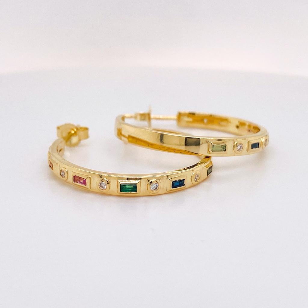 Contemporary Rainbow Sapphire Baguette & Diamond 1-Inch Round Hoops in 14K Yellow Gold For Sale