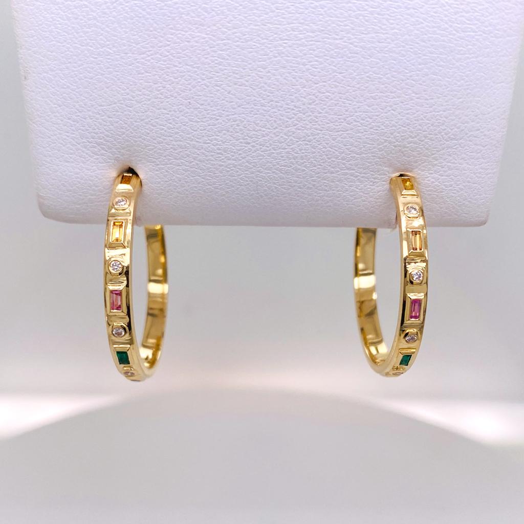 Baguette Cut Rainbow Sapphire Baguette & Diamond 1-Inch Round Hoops in 14K Yellow Gold For Sale