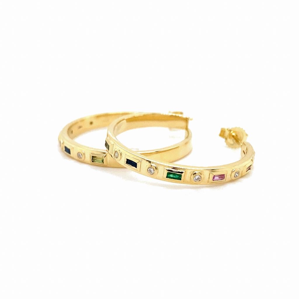 Rainbow Sapphire Baguette & Diamond 1-Inch Round Hoops in 14K Yellow Gold In New Condition For Sale In Austin, TX