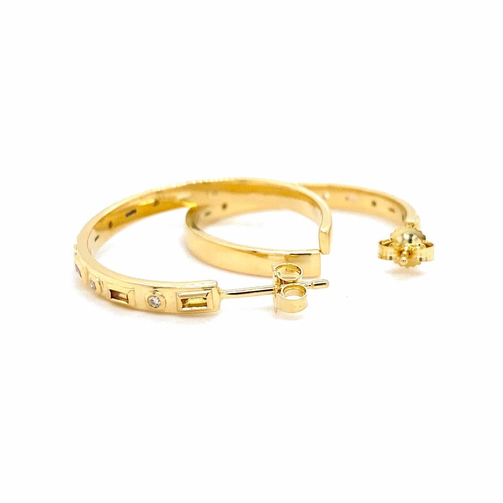 Women's Rainbow Sapphire Baguette & Diamond 1-Inch Round Hoops in 14K Yellow Gold For Sale