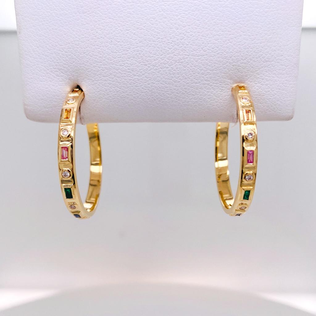 Rainbow Sapphire Baguette & Diamond 1-Inch Round Hoops in 14K Yellow Gold For Sale 1