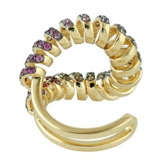 Rainbow Sapphire Between The Finger Spiral Ring Made In 18k Yellow Gold