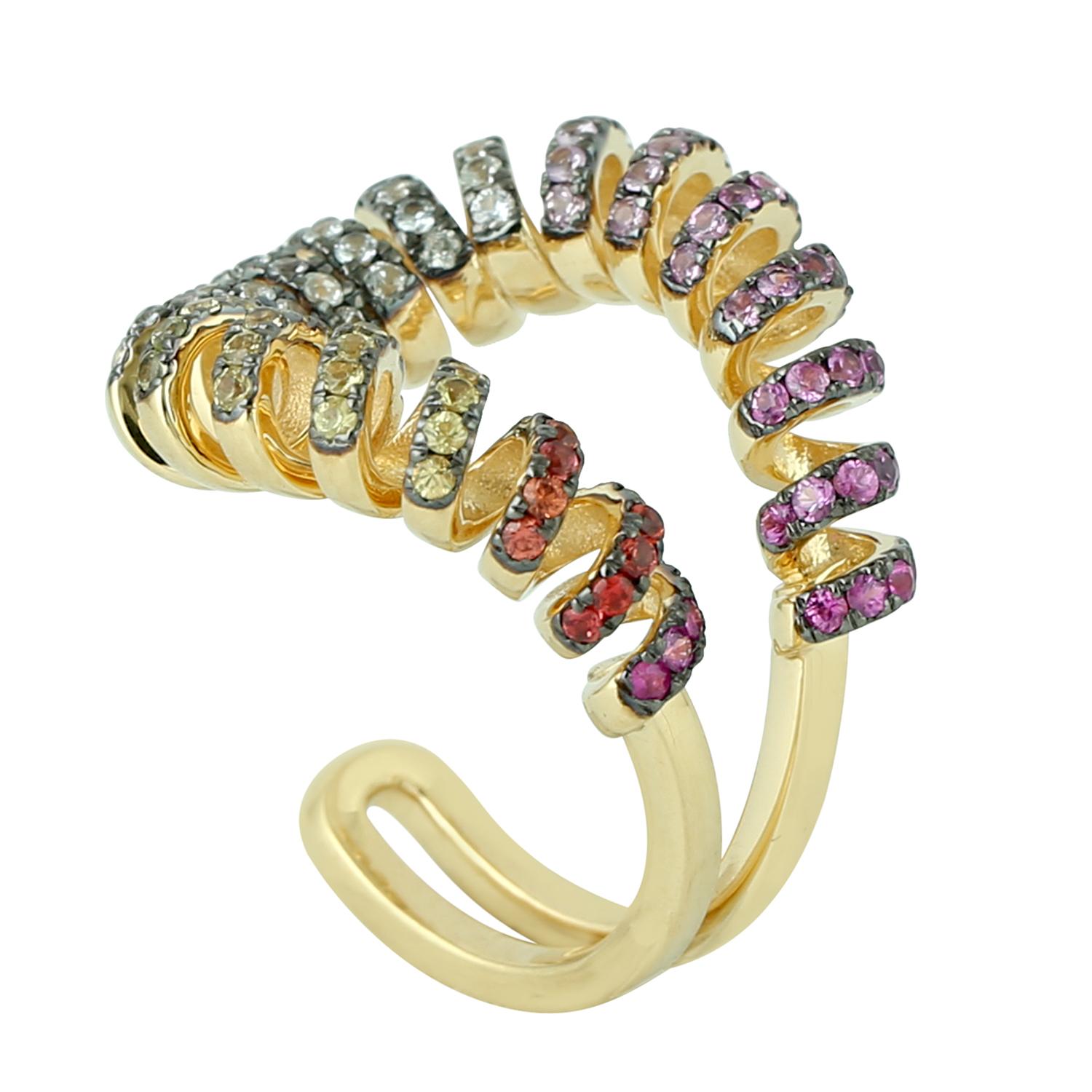 Artisan Rainbow Sapphire Between The Finger Spiral Ring Made In 18k Yellow Gold For Sale
