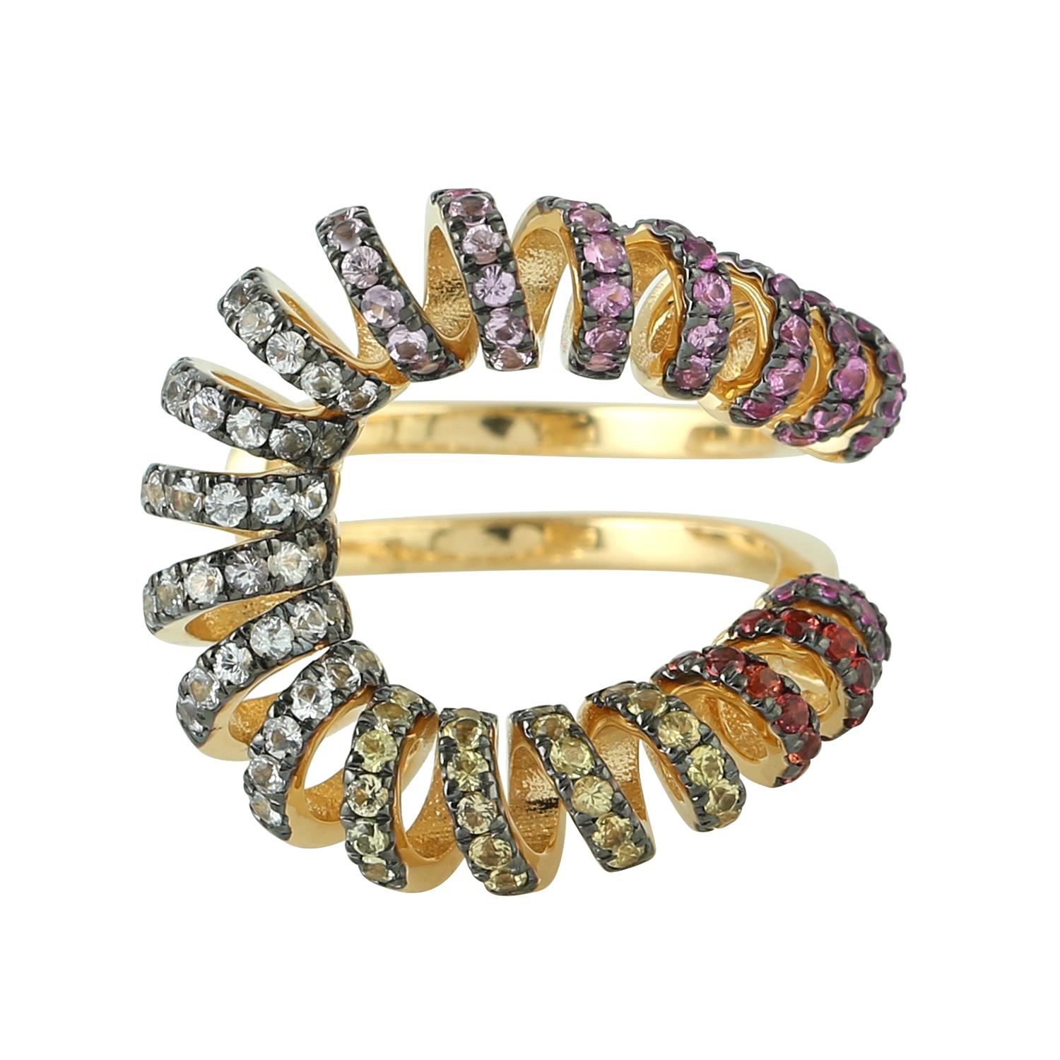 Mixed Cut Rainbow Sapphire Between The Finger Spiral Ring Made In 18k Yellow Gold For Sale