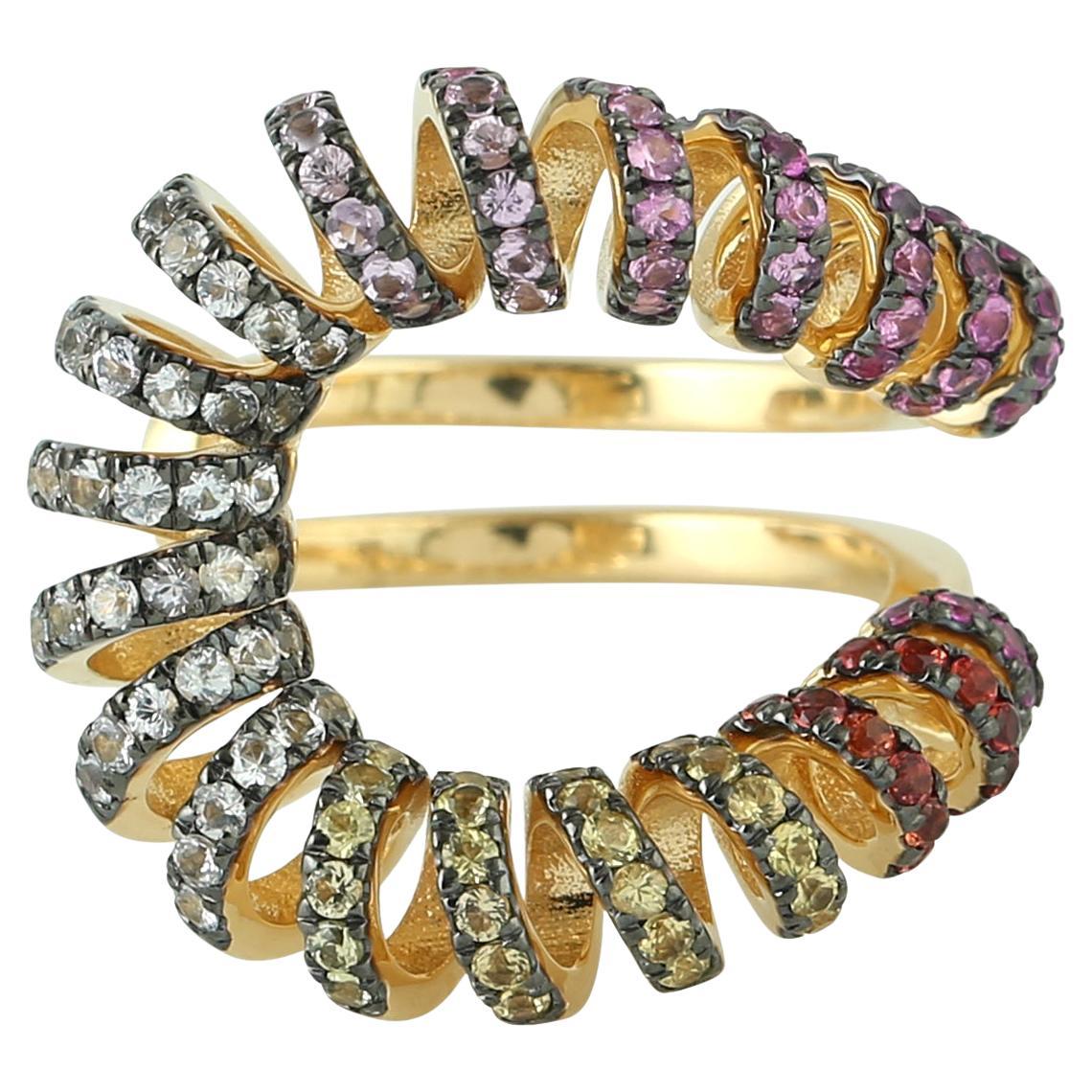 Rainbow Sapphire Between The Finger Spiral Ring Made In 18k Yellow Gold