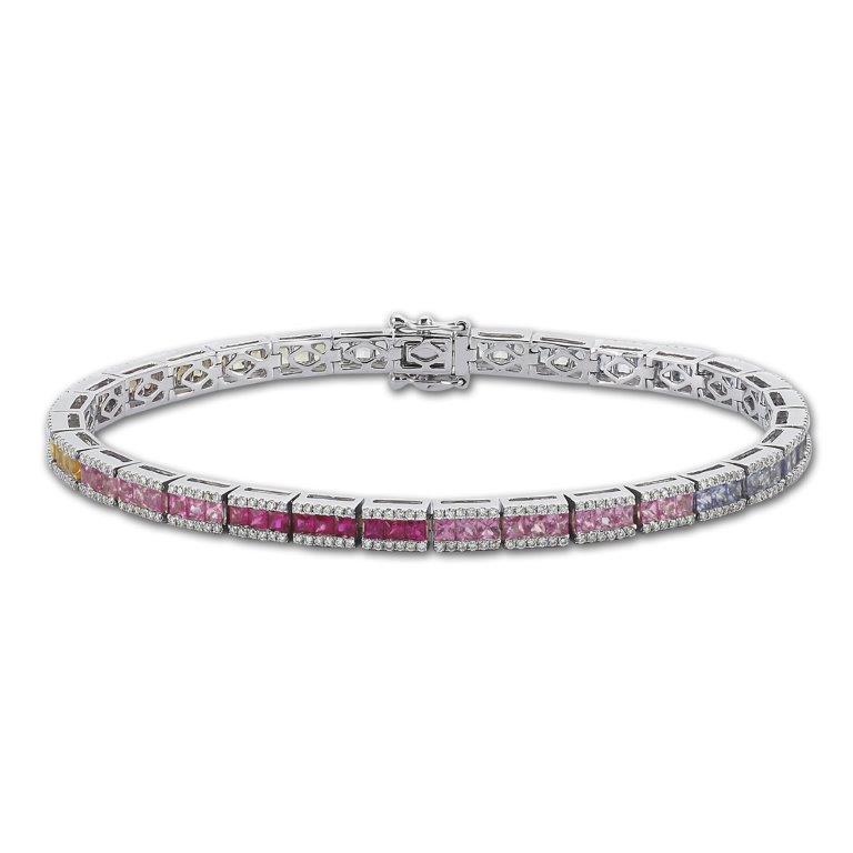 Welcome to Istanbul Diamond House!
Rainbow Sapphire Bracelet consists of colorful sapphires and diamonds. (6,02ct sapphires and 1,30ct diamonds)
It is a tennis bracelet but modernized with colorful sapphires.
It is one of the most loved piece in our