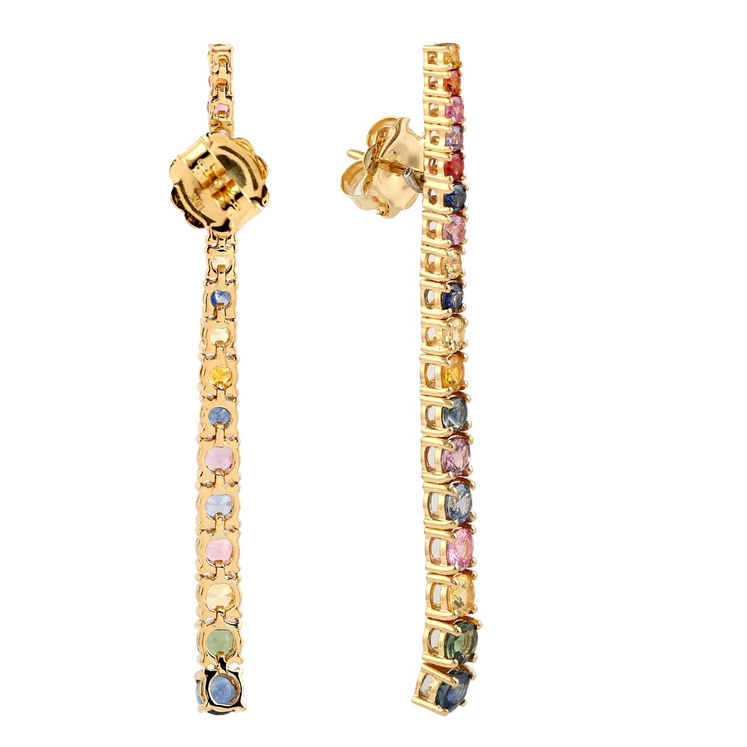 Artisan Rainbow Sapphire Dangle Earrings Made In 18k Yellow Gold For Sale