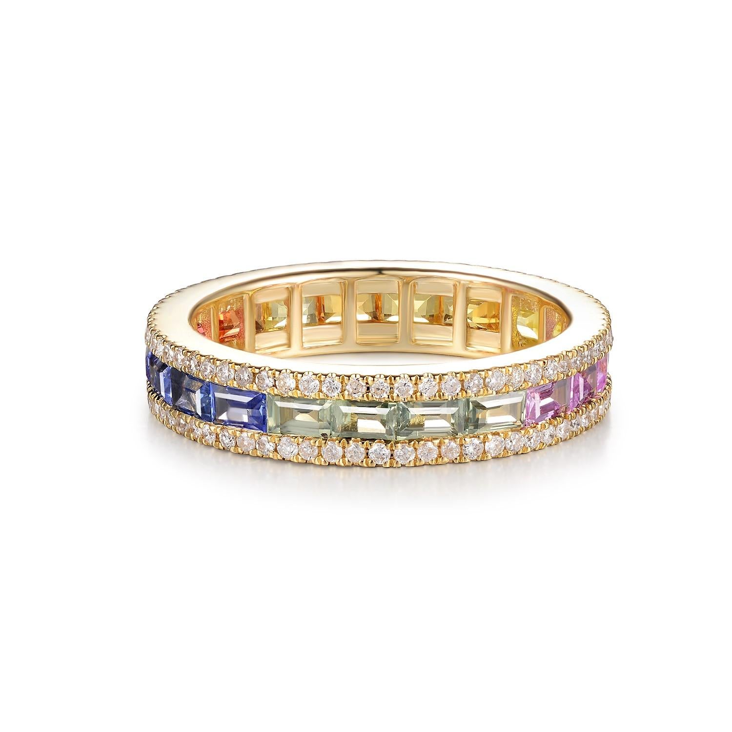 Add a touch of vibrant elegance to your collection with this exquisite ring, brilliantly featuring 2.15 carats of rainbow sapphire, encircled by 0.46 carats of sparkling white round diamonds. Crafted with precision and set in 14 karat yellow gold,