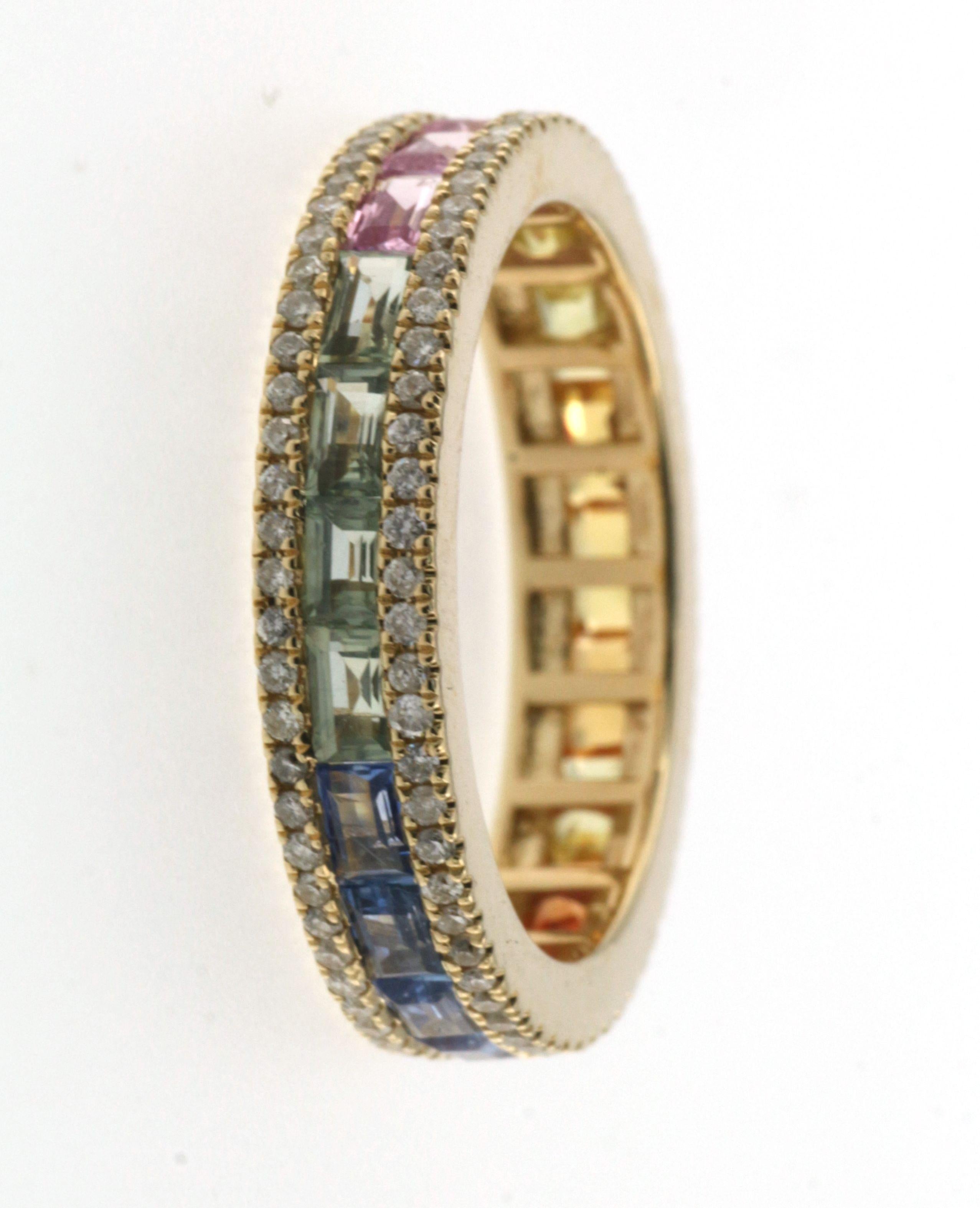 Contemporary Rainbow Sapphire Diamond Band Ring in 14 Karat Yellow Gold