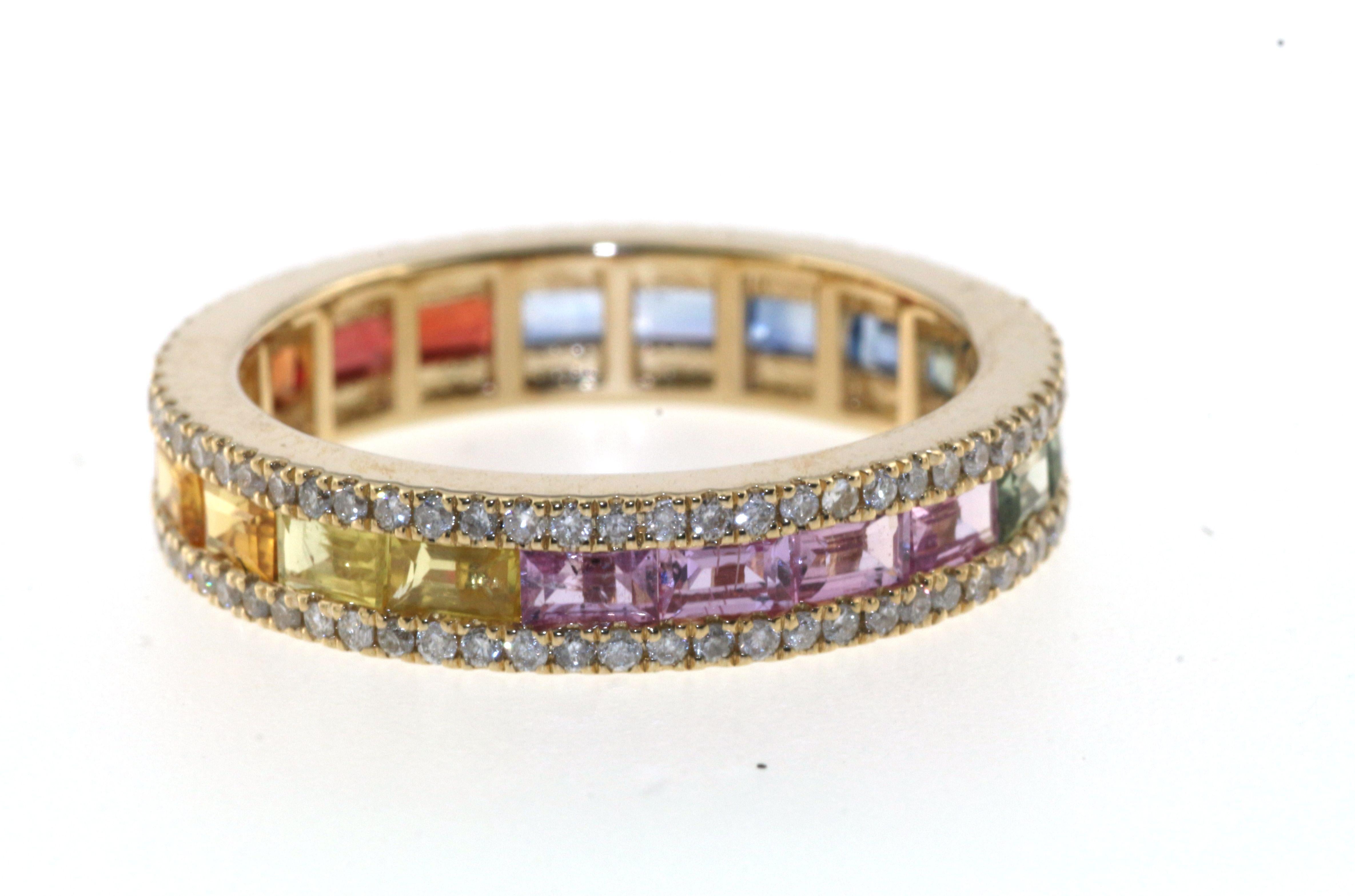 Tapered Baguette Rainbow Sapphire Diamond Band Ring in 14 Karat Yellow Gold