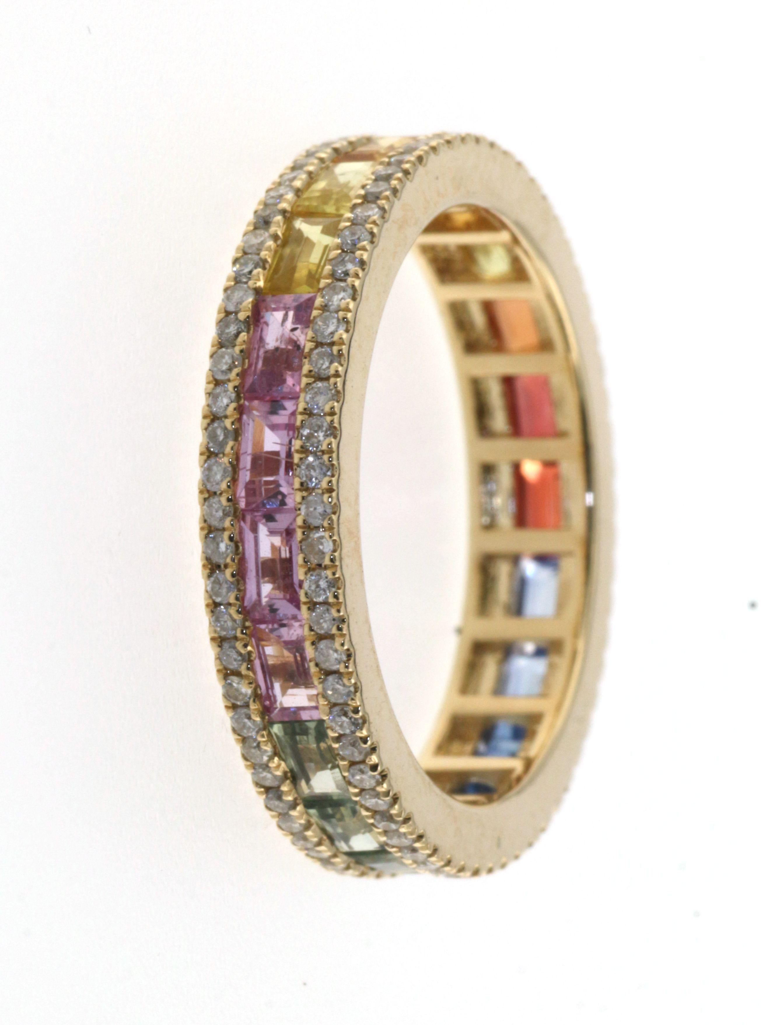 Women's Rainbow Sapphire Diamond Band Ring in 14 Karat Yellow Gold