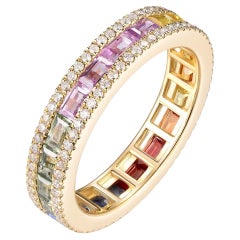 Rainbow Sapphire Diamond Band Ring in 14 Karat Yellow Gold
