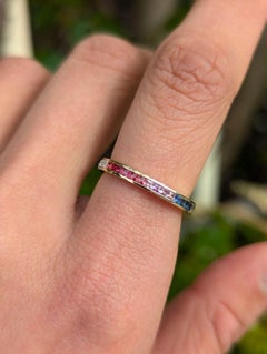 Rainbow Sapphire Diamond Channel Set Eternity Ring 9ct Gold Square Cut L / 6