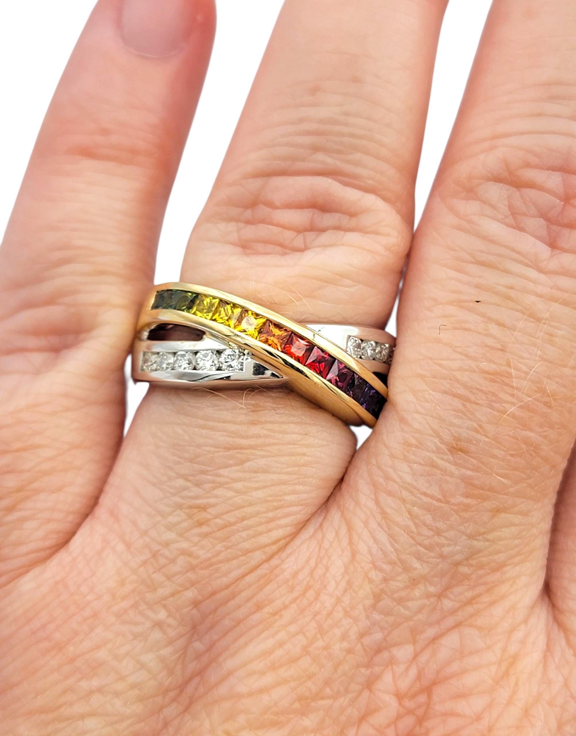 Bague croisée saphir arc-en-ciel et diamant en or bicolore 14 carats en vente 4