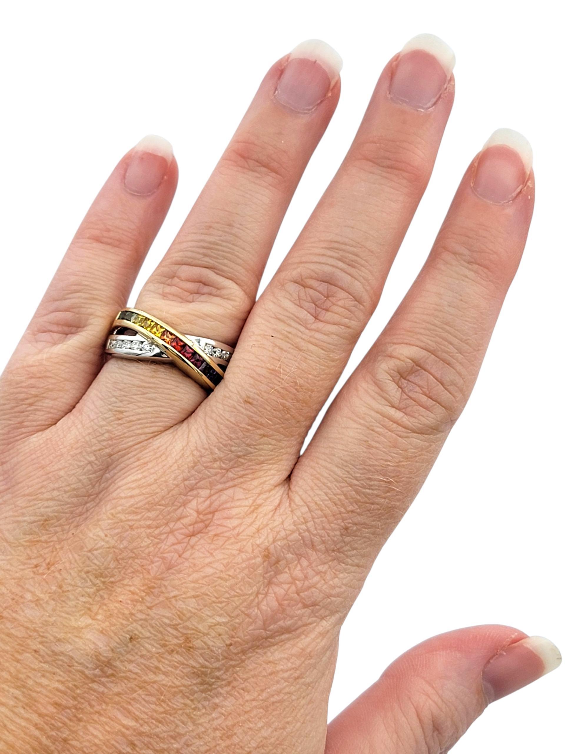Bague croisée saphir arc-en-ciel et diamant en or bicolore 14 carats en vente 5