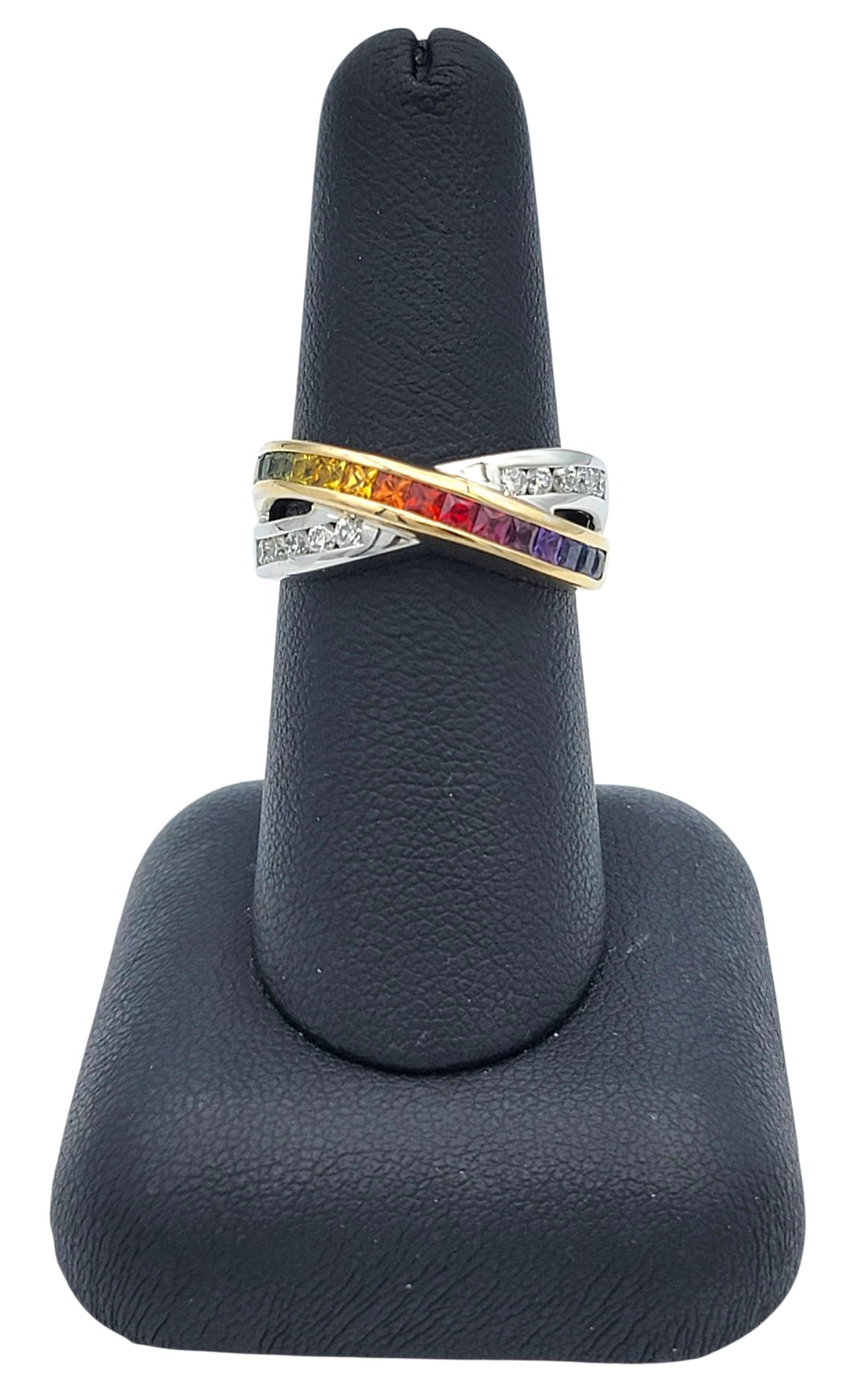 Bague croisée saphir arc-en-ciel et diamant en or bicolore 14 carats en vente 6