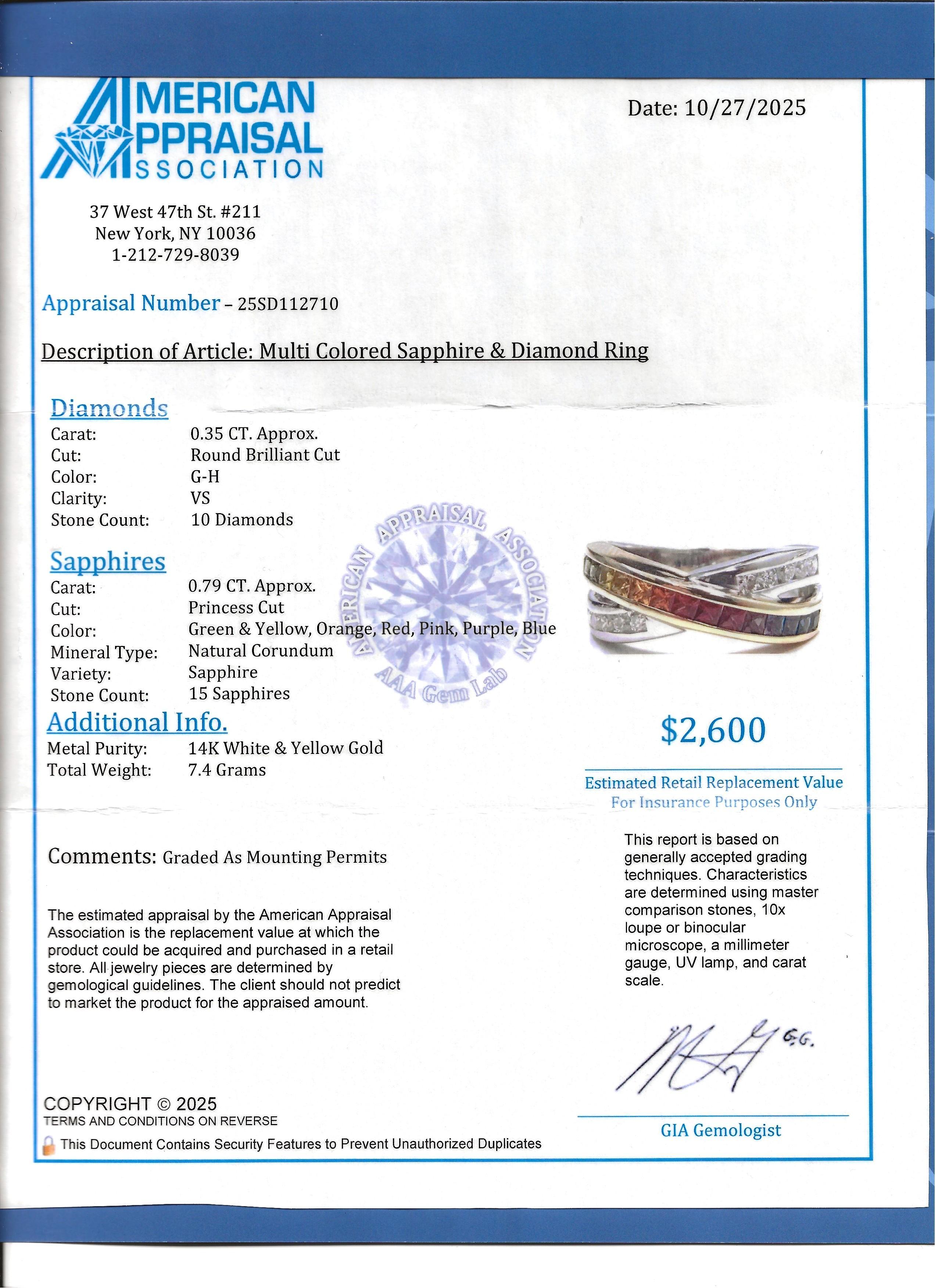 Bague croisée saphir arc-en-ciel et diamant en or bicolore 14 carats en vente 7