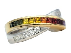 Rainbow Sapphire & Diamond Crossover Band Ring in Two Tone 14 Karat Gold