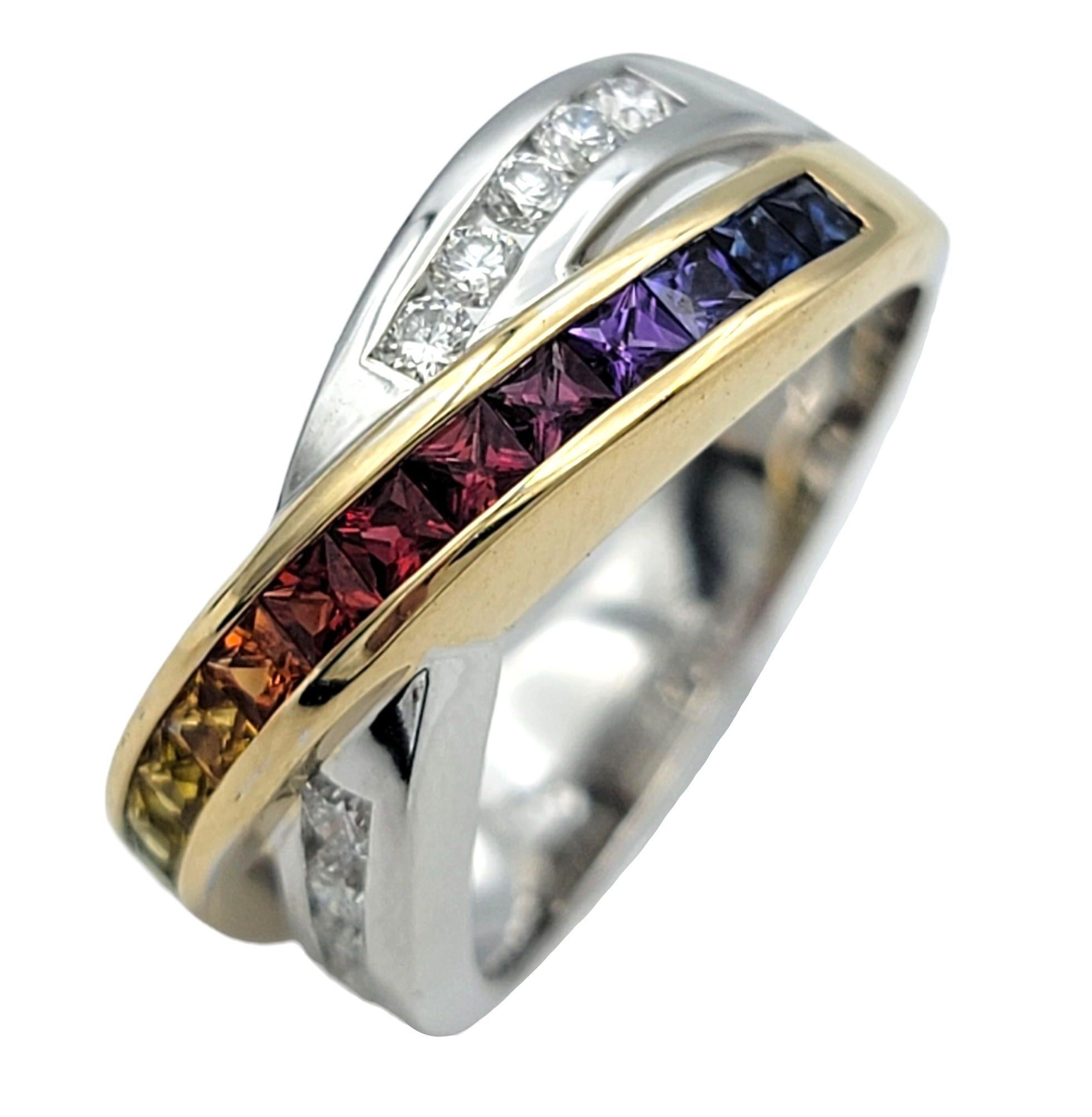 Taille princesse Bague croisée saphir arc-en-ciel et diamant en or bicolore 14 carats en vente