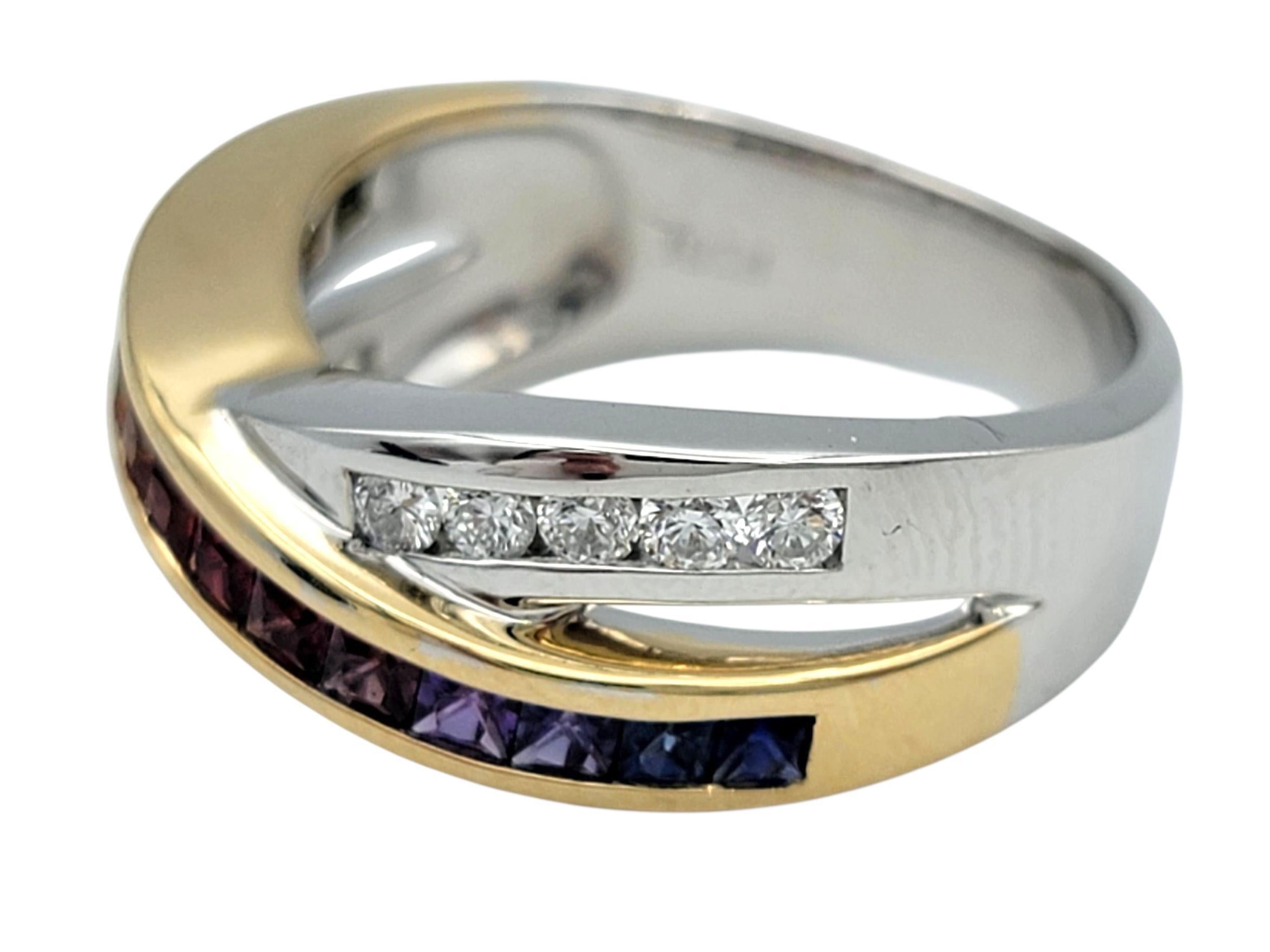 Bague croisée saphir arc-en-ciel et diamant en or bicolore 14 carats Excellent état - En vente à Scottsdale, AZ