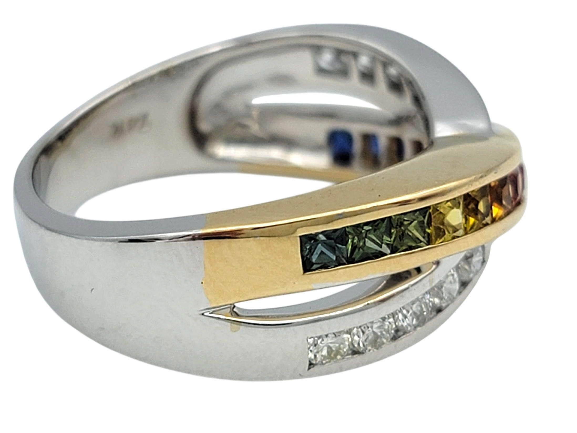 Bague croisée saphir arc-en-ciel et diamant en or bicolore 14 carats Pour femmes en vente