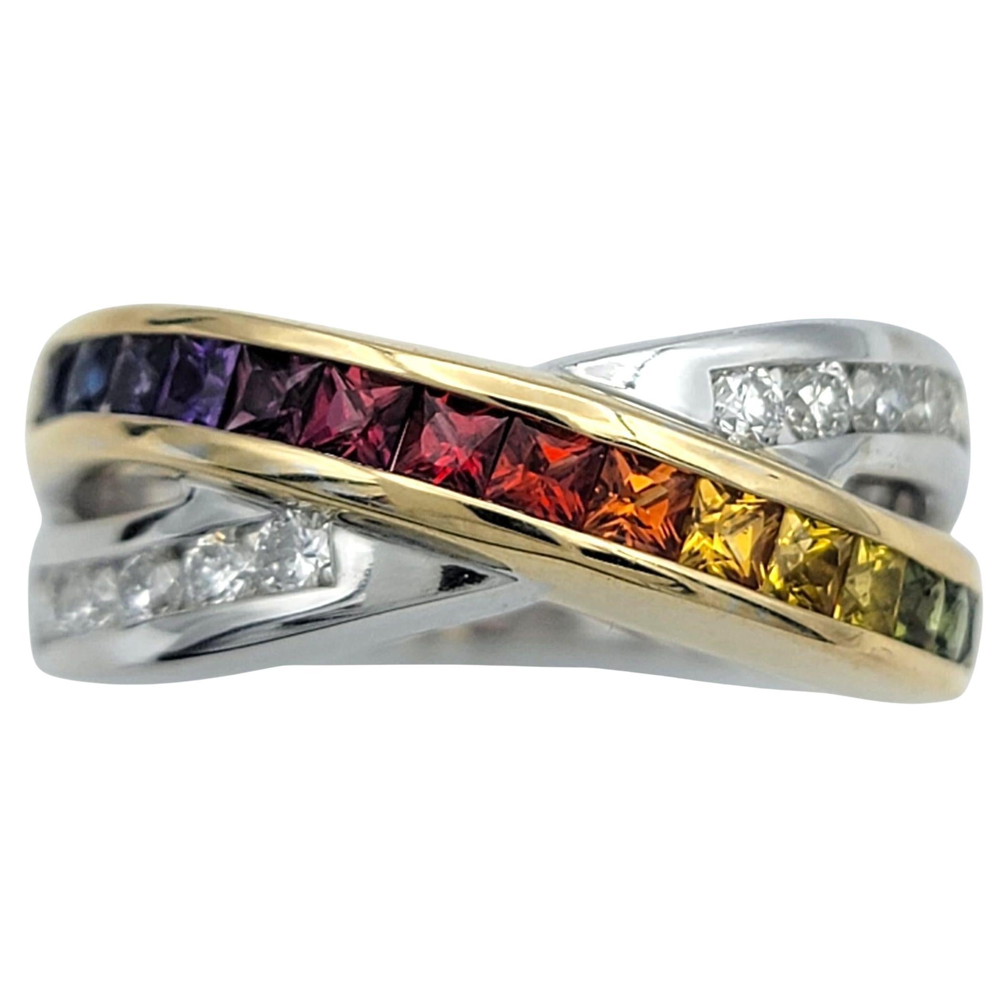 Anello a fascia incrociata con zaffiro e diamante Rainbow Diamonds in oro bicolore 14 carati