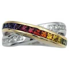 Rainbow Sapphire & Diamond Crossover Band Ring in Two Tone 14 Karat Gold