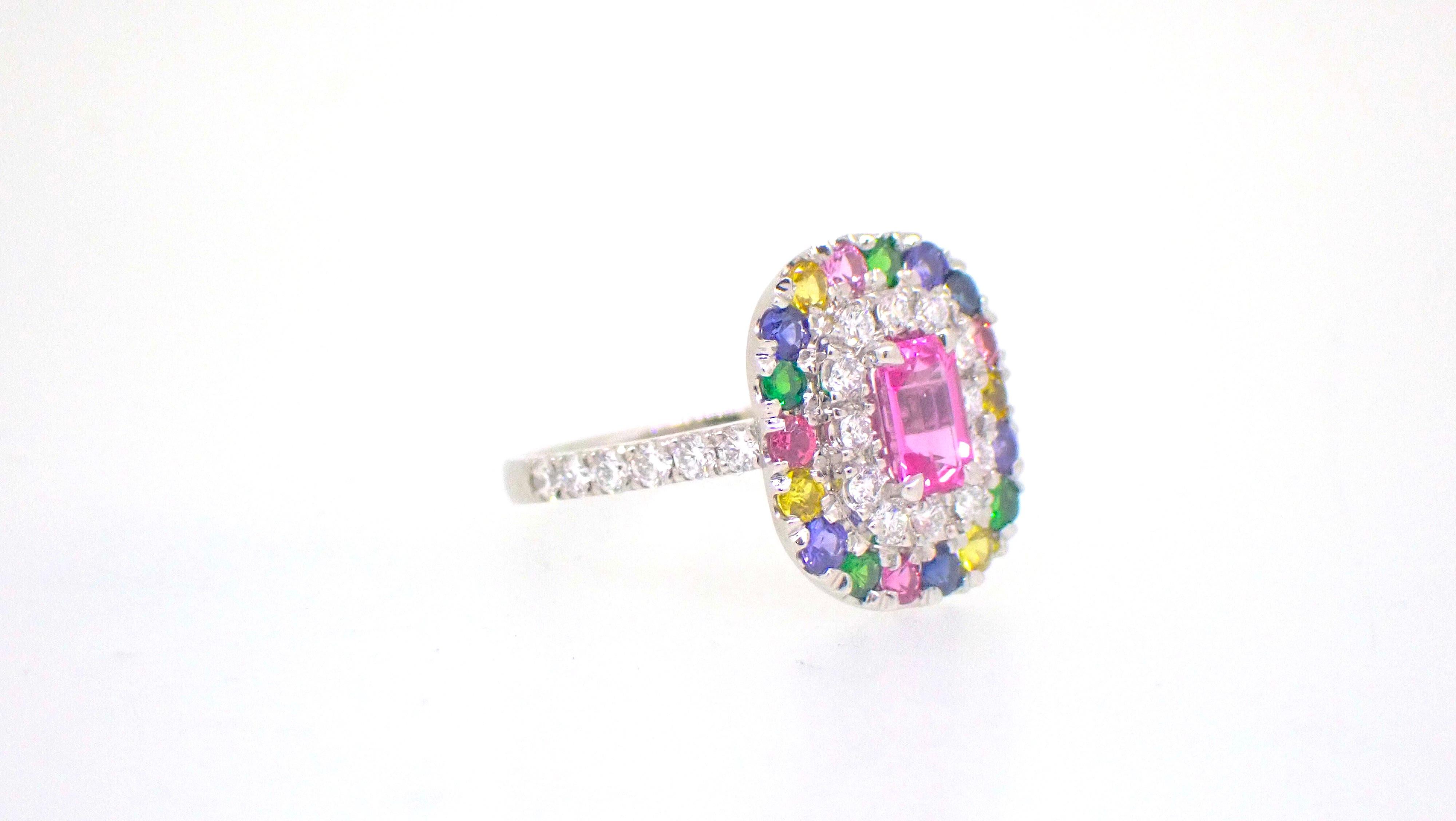 Imagine living life in colour with this Pink Rainbow Sapphire Diamond Garnet Platinum Cocktail Ring. You are sure to steal the spotlight. It can be worn not only as a cocktail ring but an engagement ring too. 

Set in platinum with diamond set