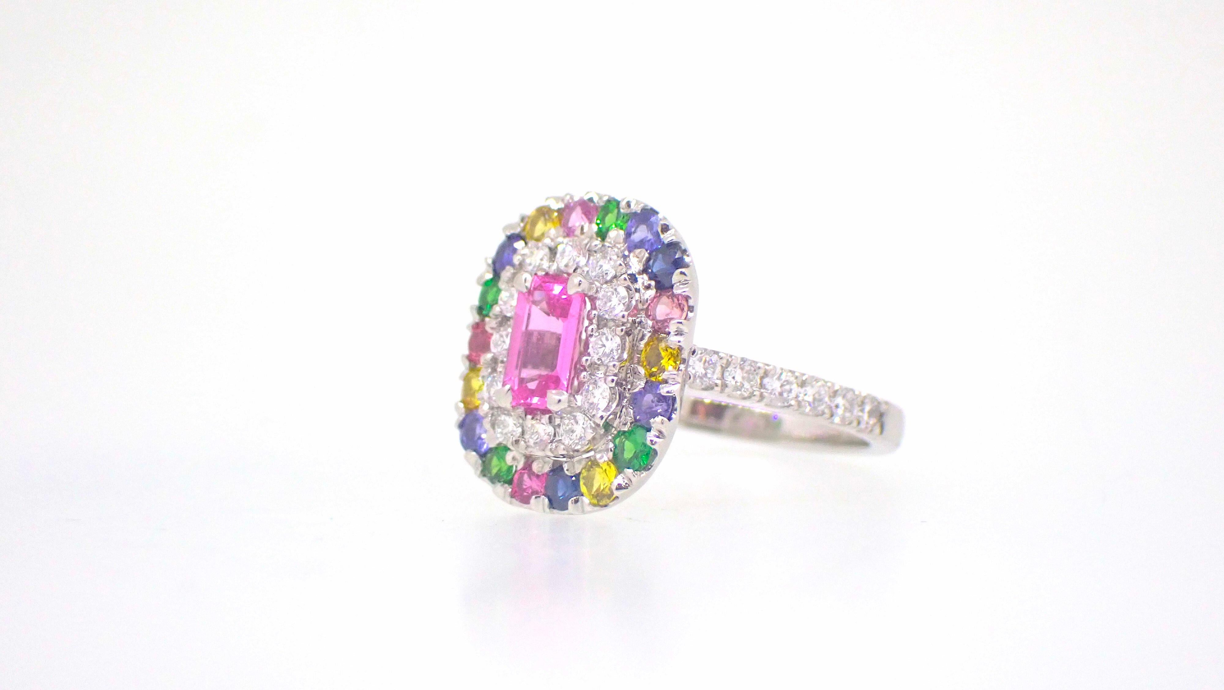 Modern Pink Rainbow Sapphire Diamond Garnet Platinum Cocktail Ring For Sale