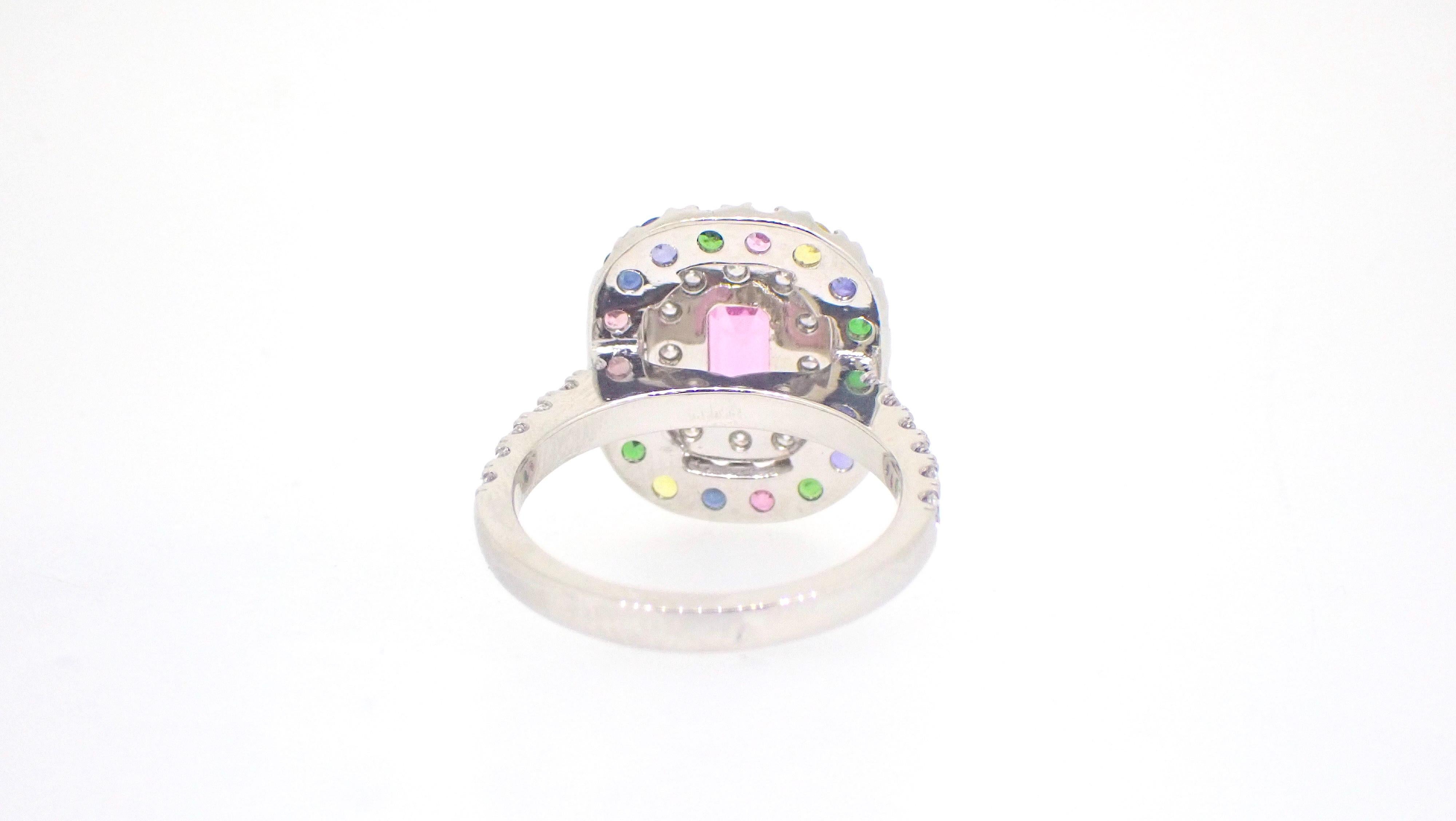 Emerald Cut Pink Rainbow Sapphire Diamond Garnet Platinum Cocktail Ring For Sale