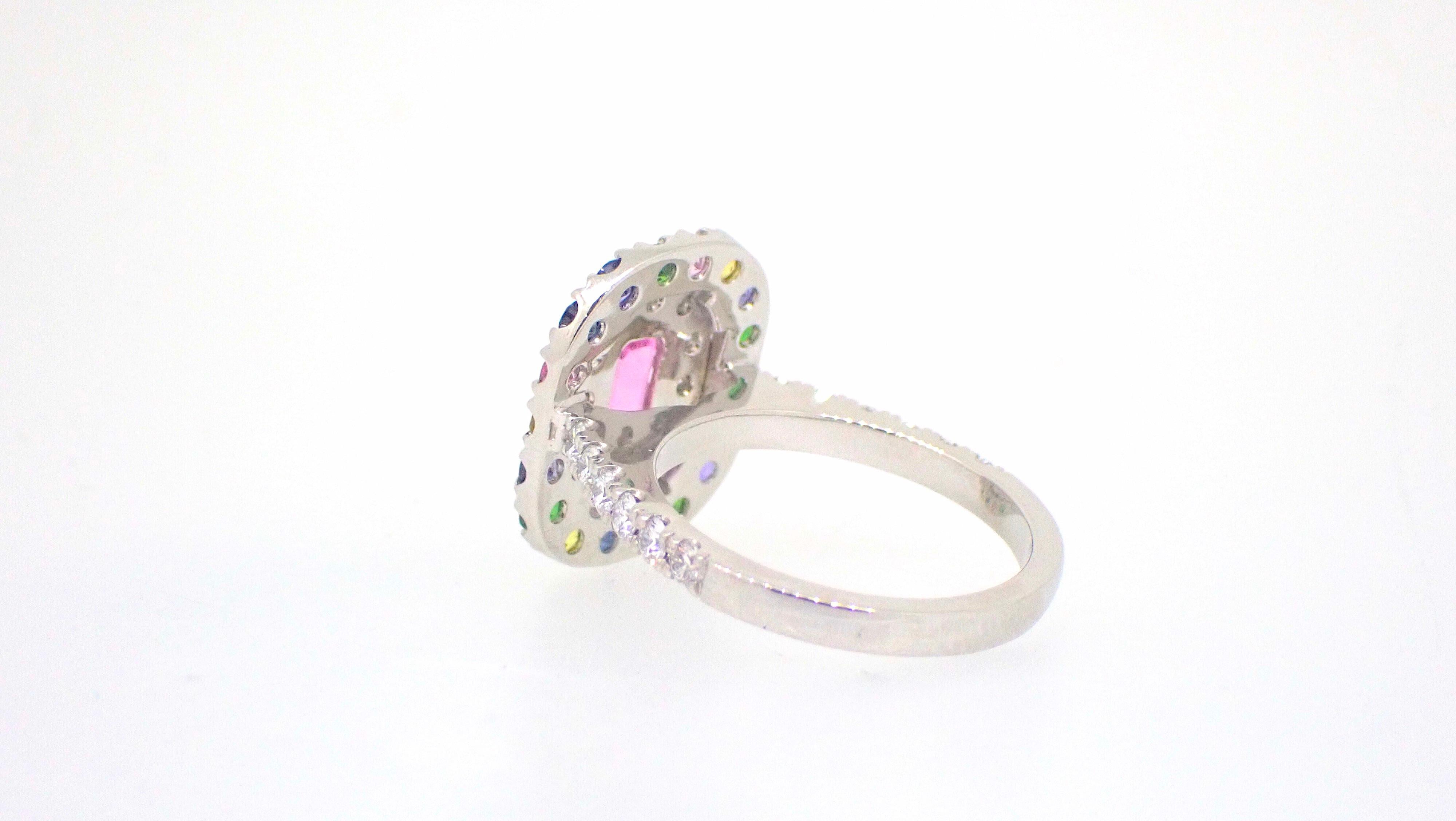 Pink Rainbow Sapphire Diamond Garnet Platinum Cocktail Ring In New Condition For Sale In Brisbane, QLD