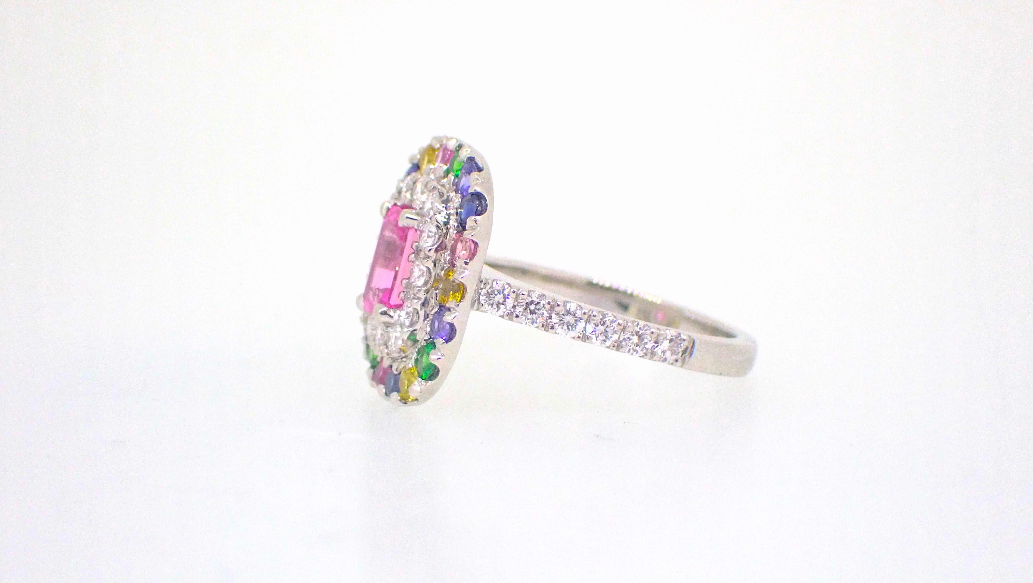 Women's Pink Rainbow Sapphire Diamond Garnet Platinum Cocktail Ring For Sale