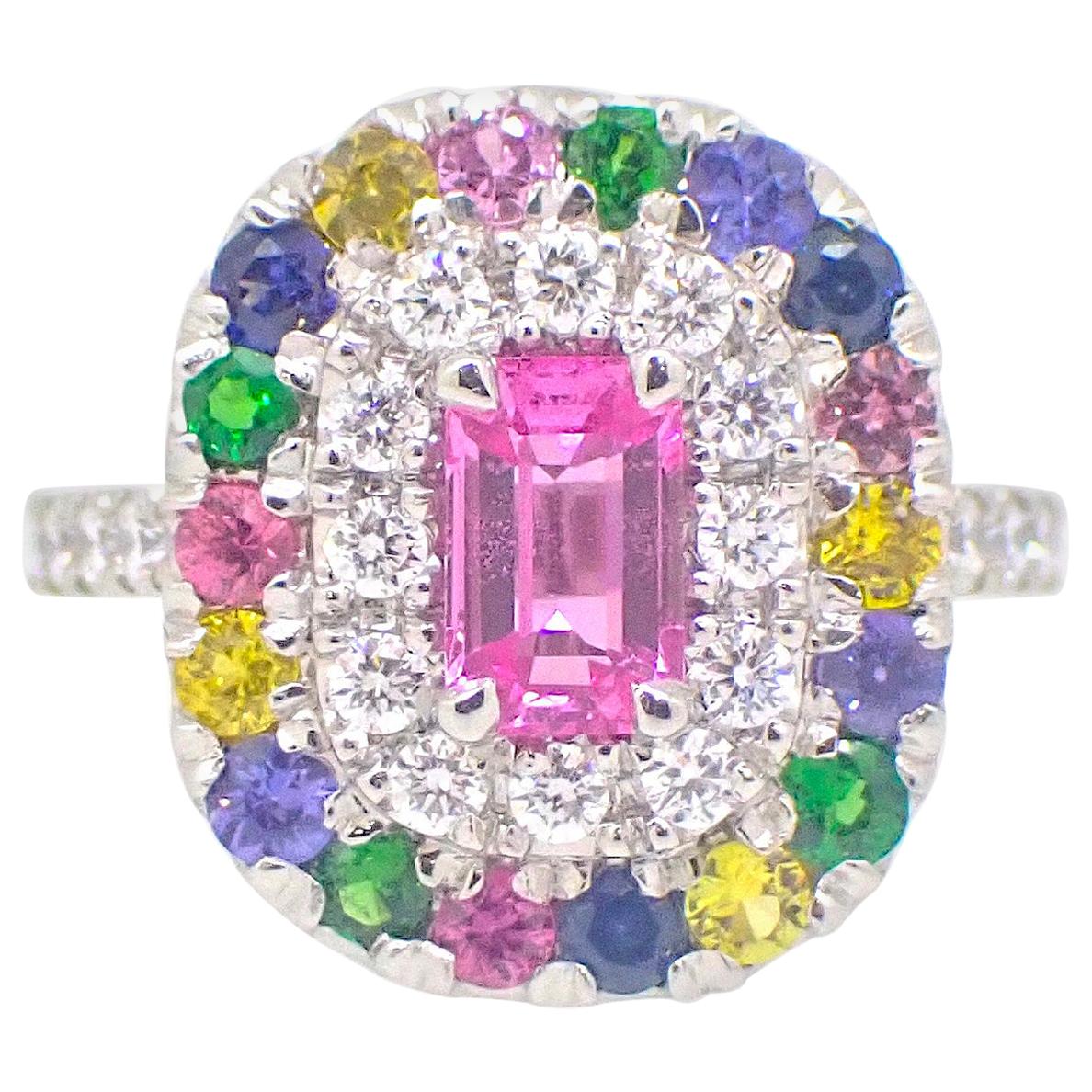 Pink Rainbow Sapphire Diamond Garnet Platinum Cocktail Ring For Sale
