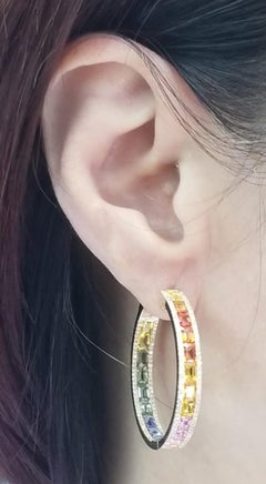 Rainbow Sapphire Diamond Hoop Earrings in 14 Karat Yellow Gold