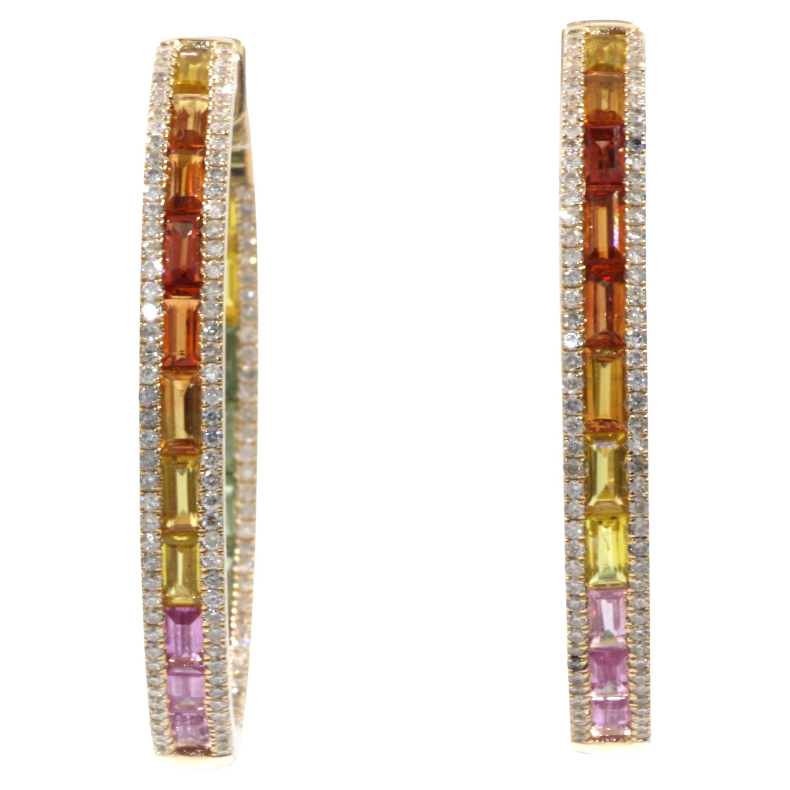 Contemporary Rainbow Sapphire Diamond Hoop Earrings in 14 Karat Yellow Gold For Sale