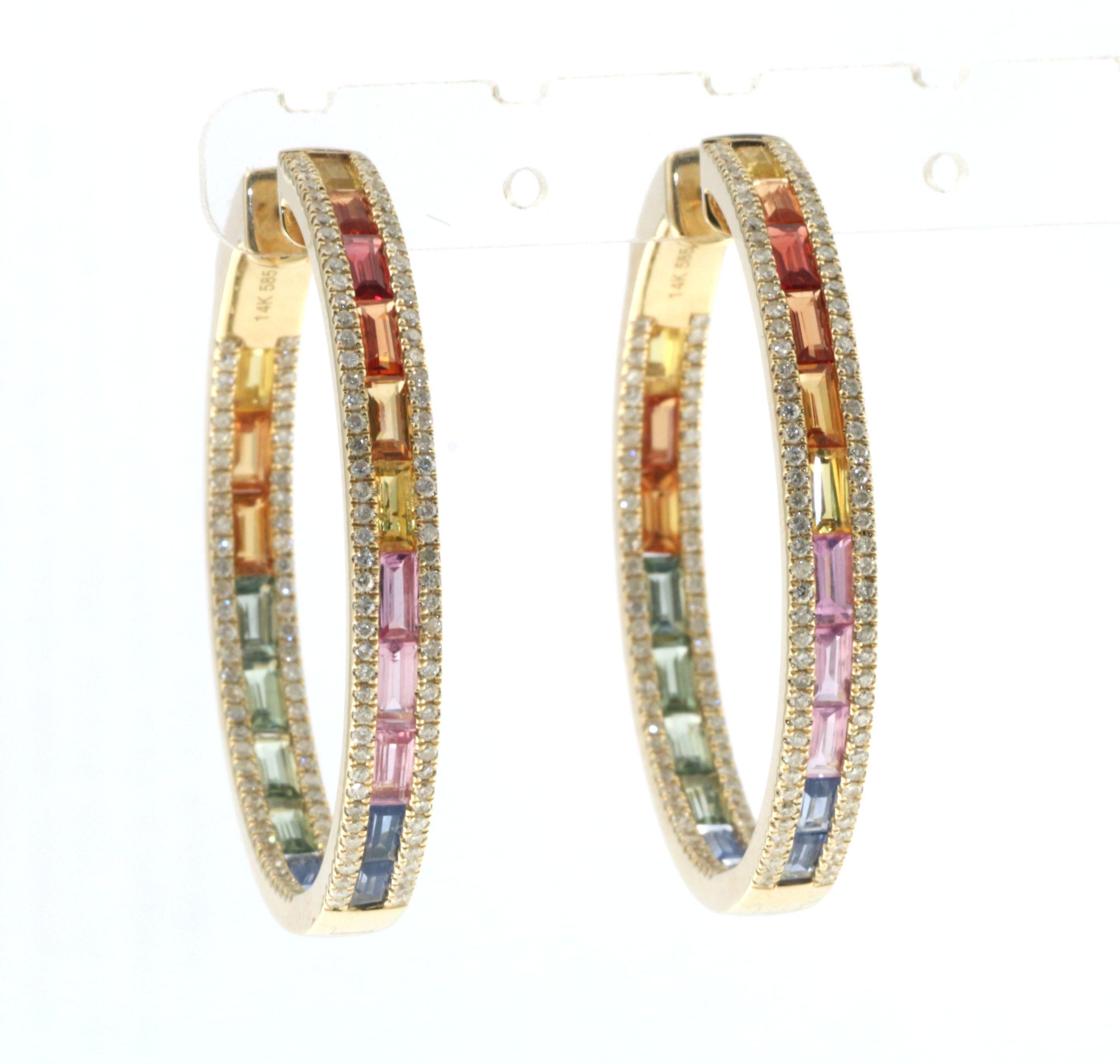 Contemporary Rainbow Sapphire Diamond Hoop Earrings in 14 Karat Yellow Gold