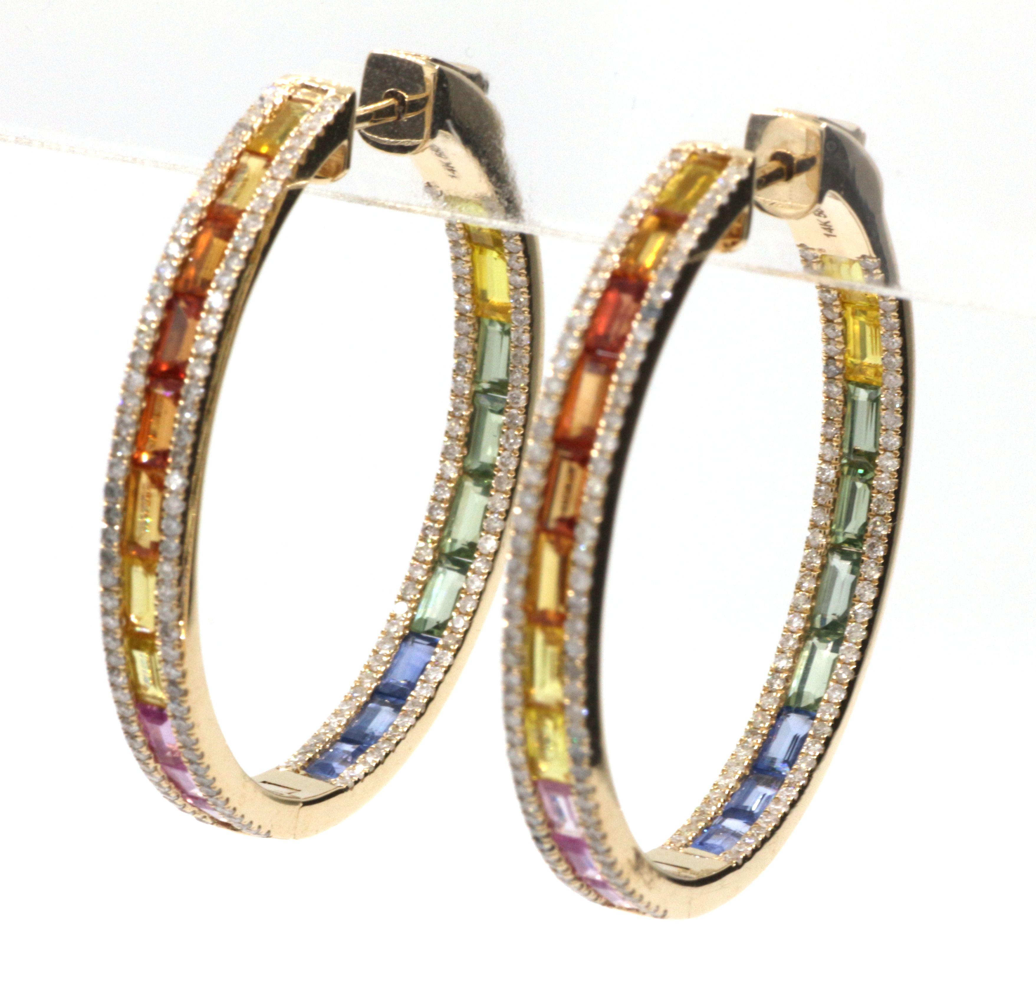 Emerald Cut Rainbow Sapphire Diamond Hoop Earrings in 14 Karat Yellow Gold For Sale