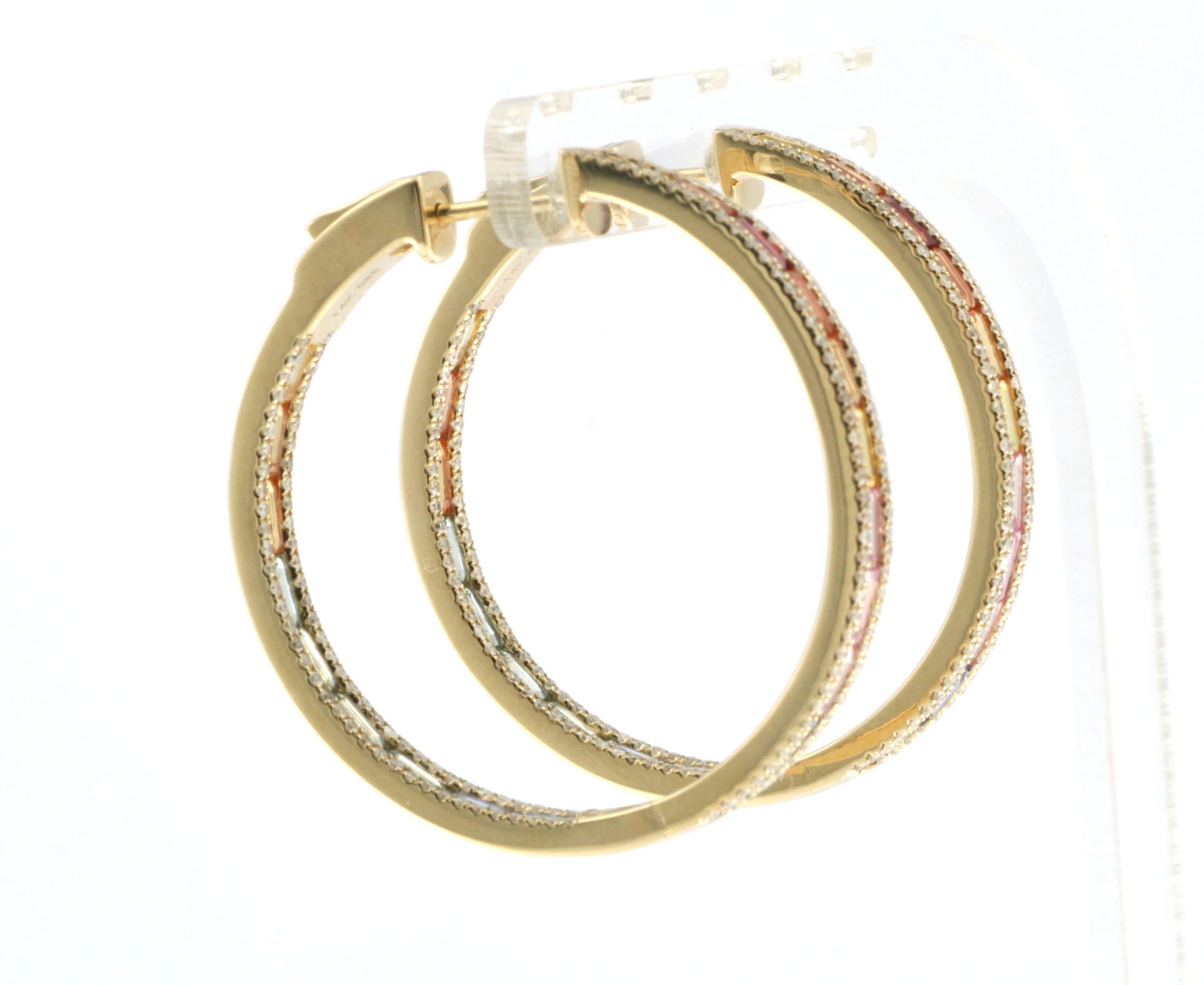 Tapered Baguette Rainbow Sapphire Diamond Hoop Earrings in 14 Karat Yellow Gold