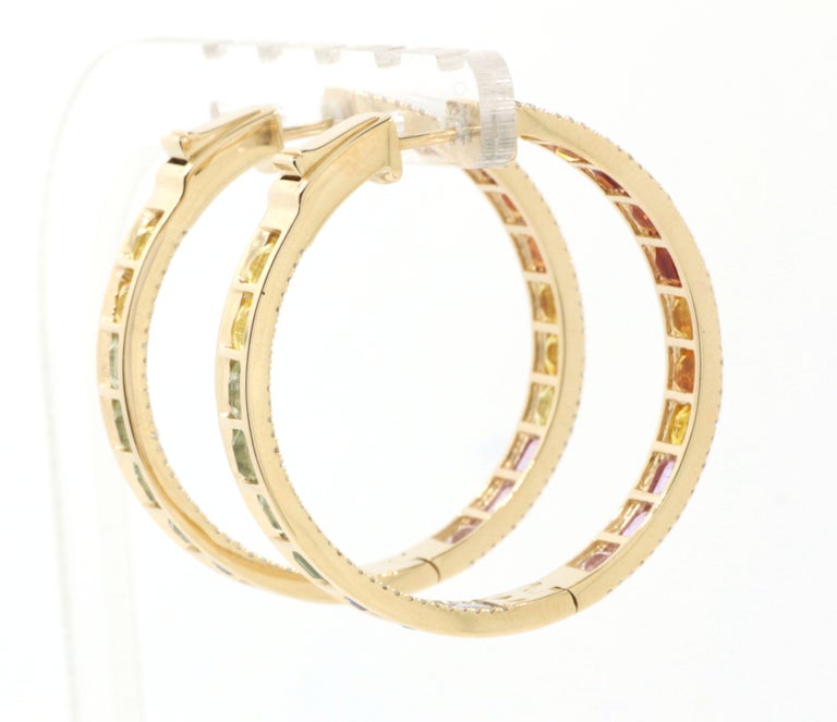Rainbow Sapphire Diamond Hoop Earrings in 14 Karat Yellow Gold In New Condition For Sale In Hong Kong, HK
