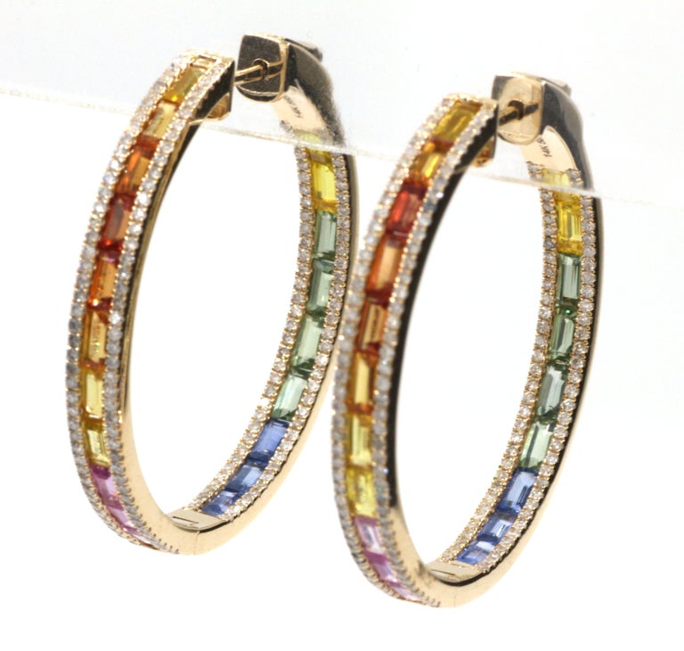 Rainbow Sapphire Diamond Hoop Earrings in 14 Karat Yellow Gold For Sale