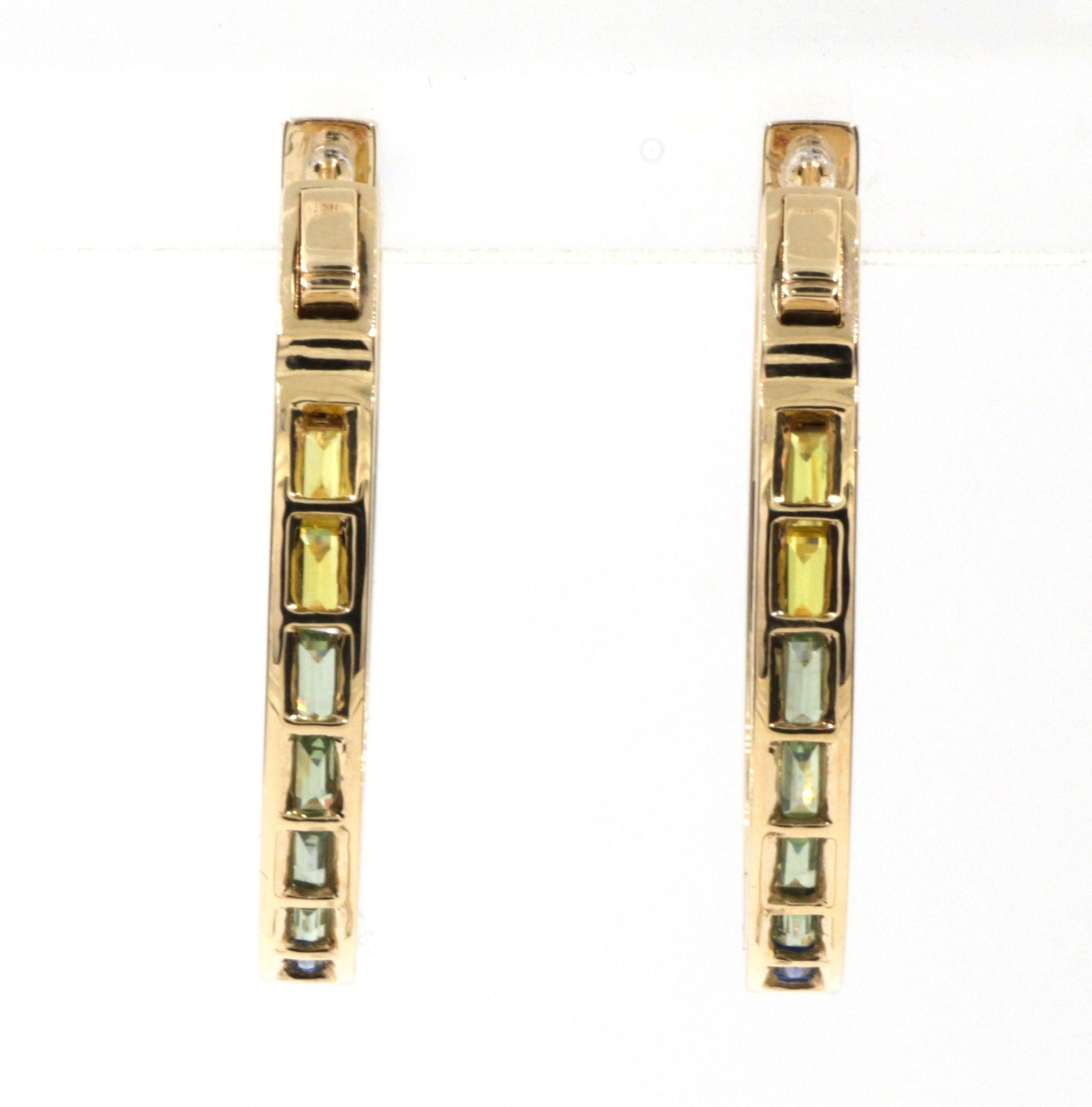 Rainbow Sapphire Diamond Hoop Earrings in 14 Karat Yellow Gold For Sale 1